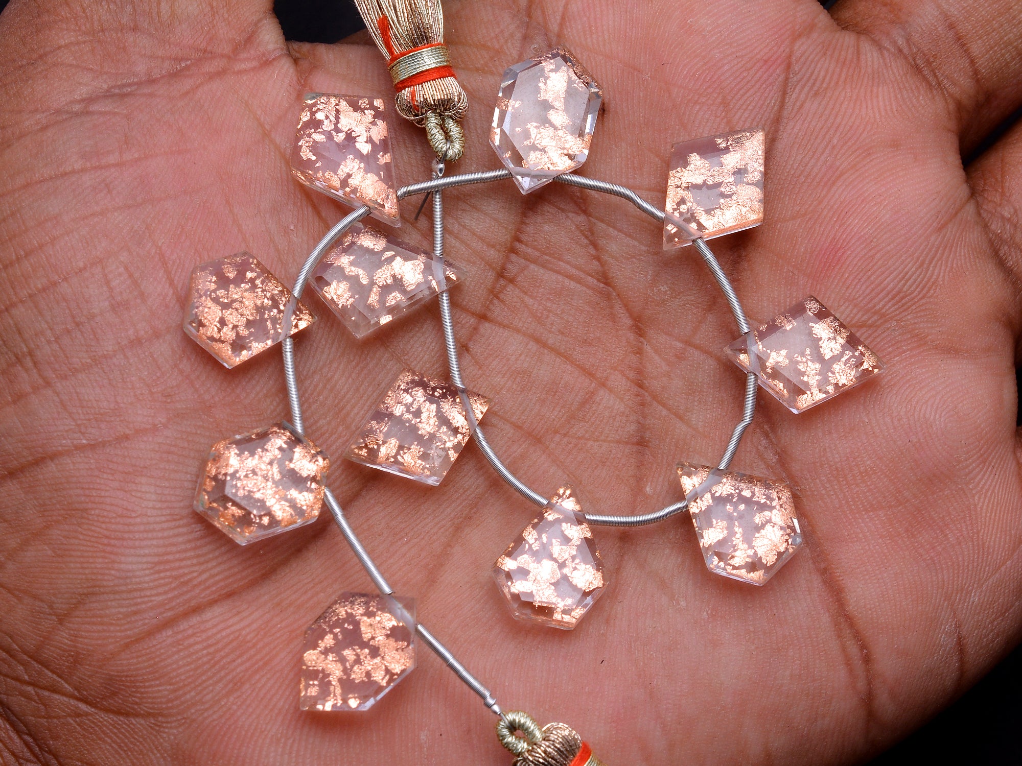 Copper Foil Inlay Crystal Quartz Faceted Six Corner Beads, Copper Foil Crystal Quartz Fancy Beads, Foil Inlay Jewelry Gemstone