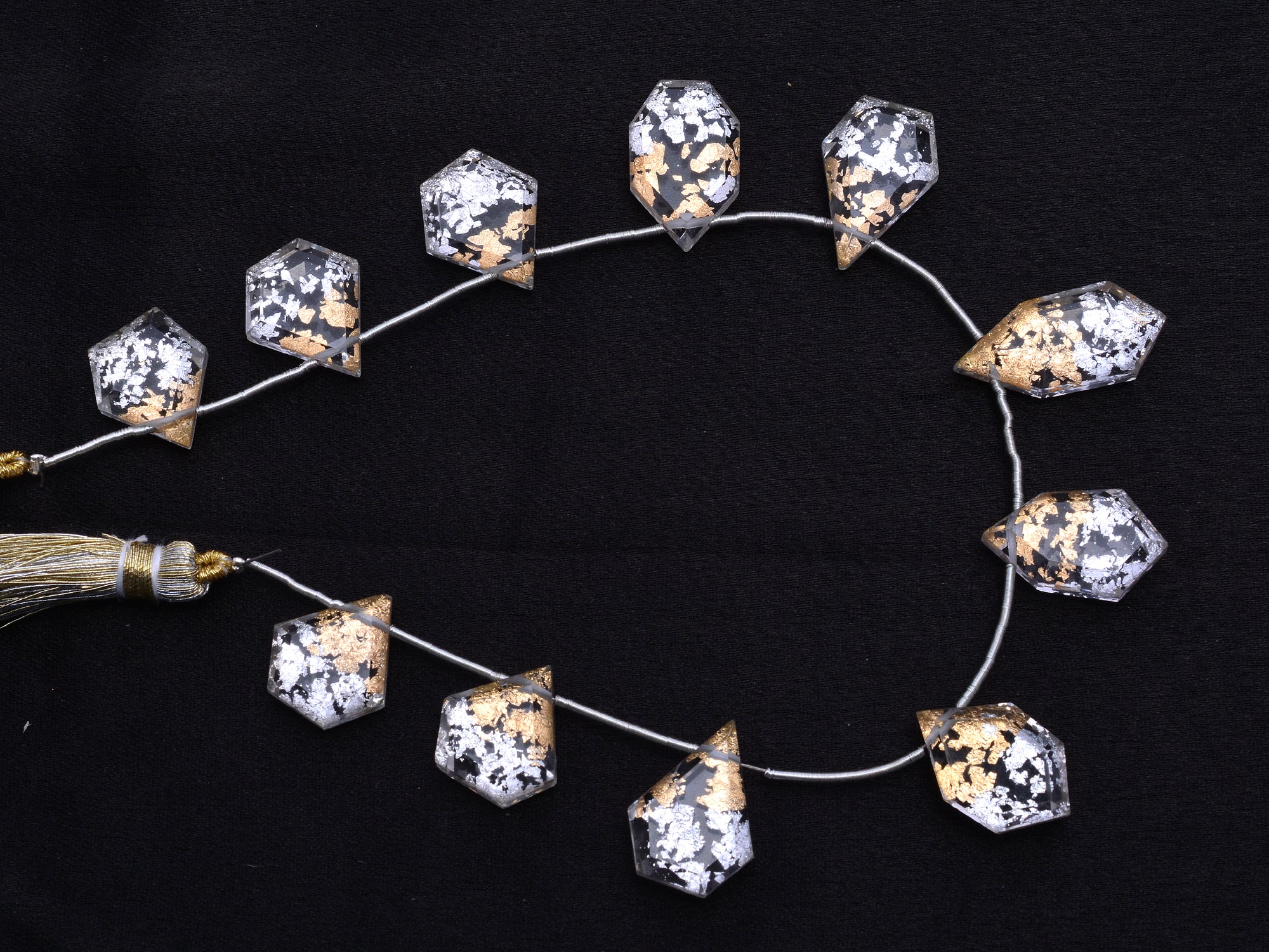 Bi Color Gold And Silver Flakes Crystal Quartz Fancy Beads, Bi Color Gold Fancy Cut Beads, Crystal Gold Flakes Crystal Quartz