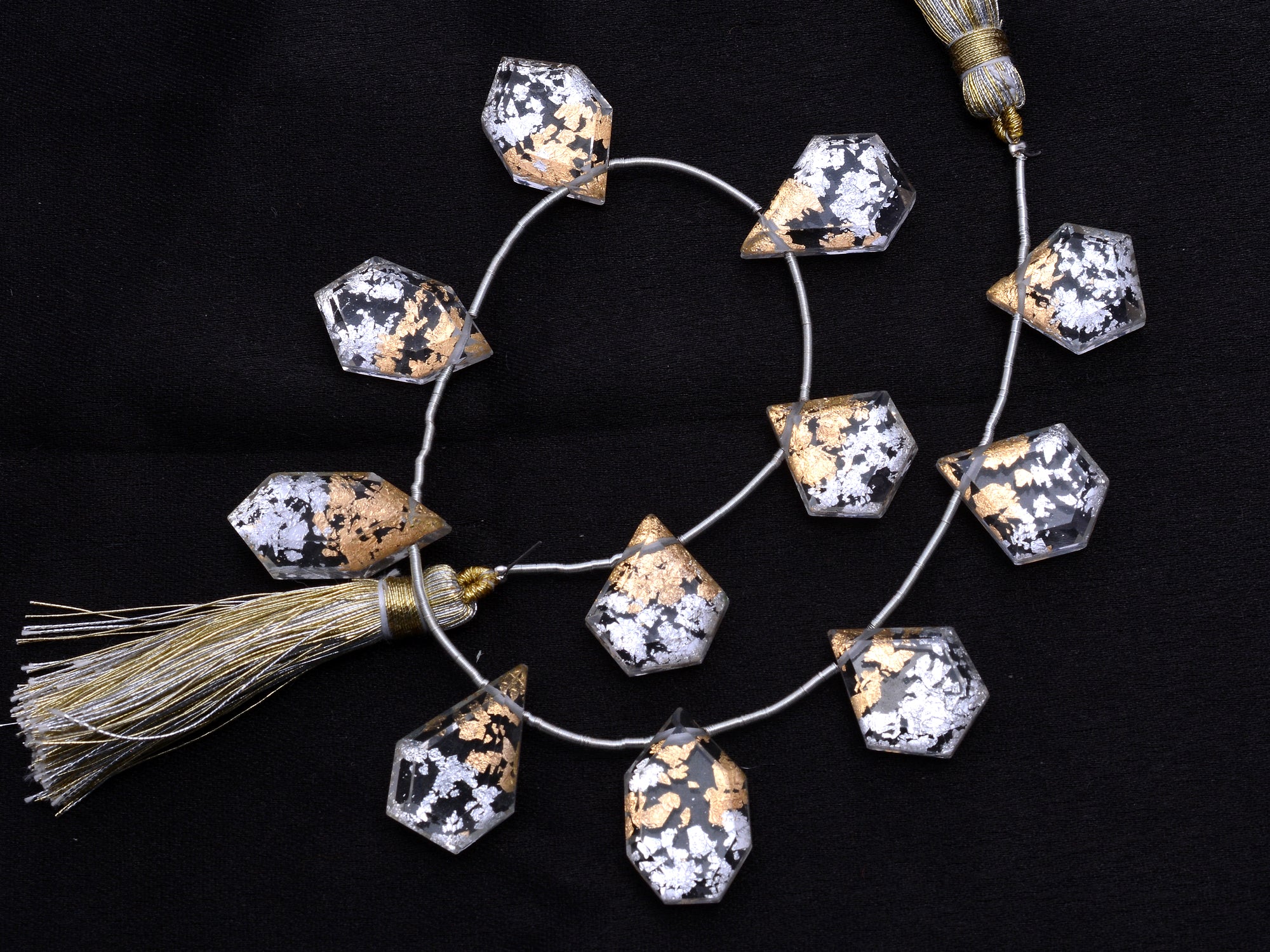 Bi Color Gold And Silver Flakes Crystal Quartz Fancy Beads, Bi Color Gold Fancy Cut Beads, Crystal Gold Flakes Crystal Quartz