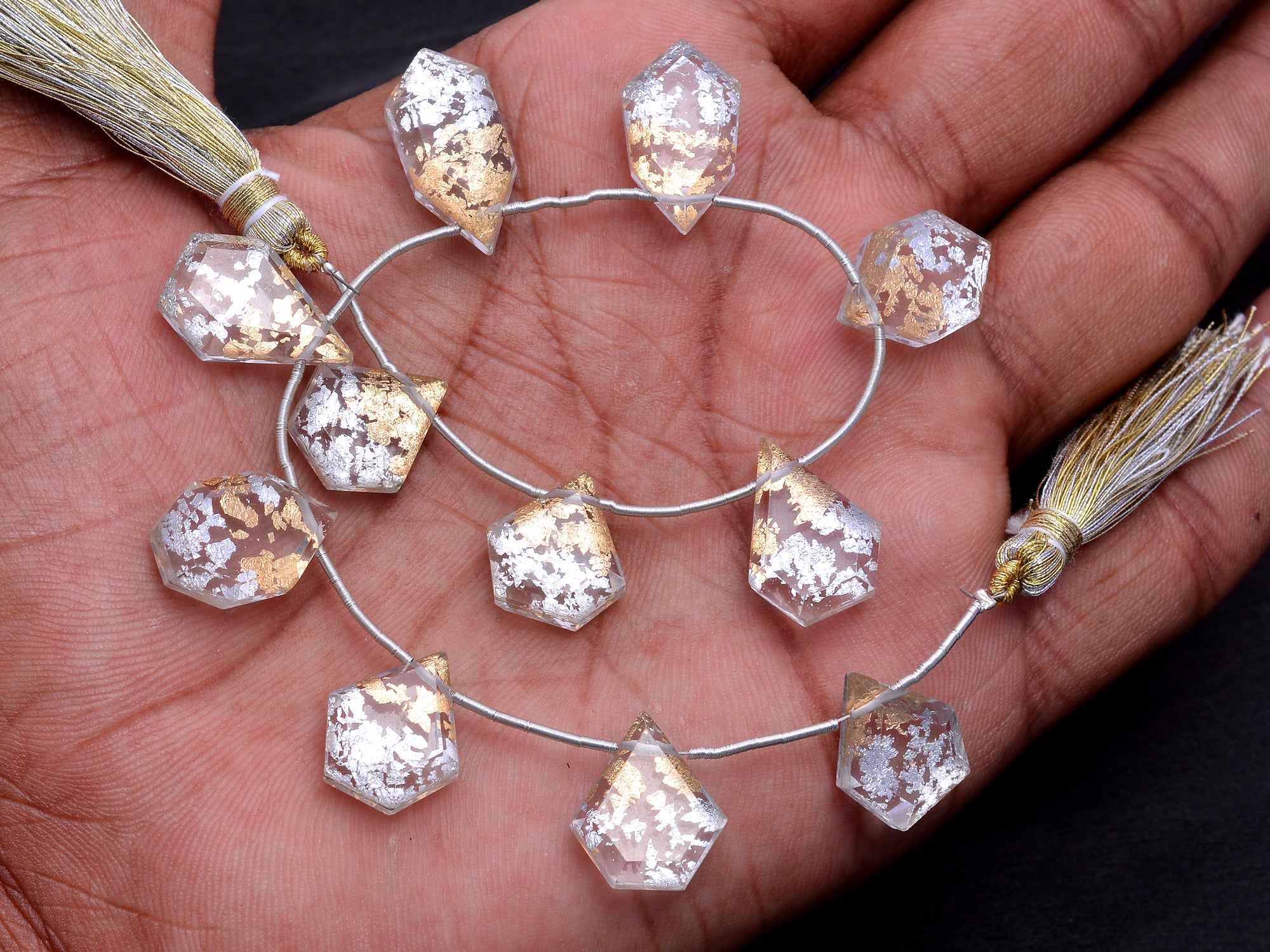 Bi Color Gold And Silver Flakes Crystal Quartz Fancy Beads, Bi Color Gold Fancy Cut Beads, Crystal Gold Flakes Crystal Quartz