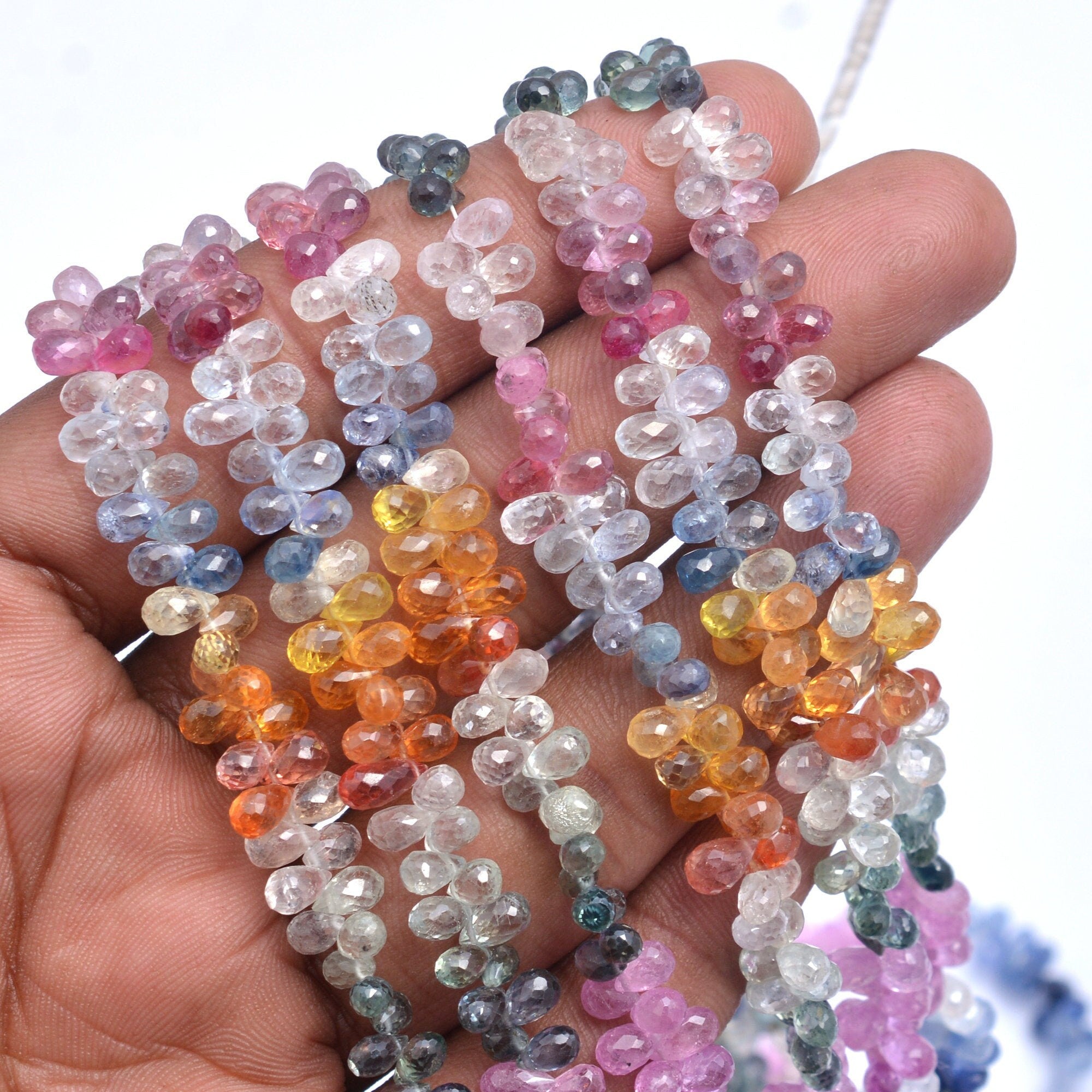 Multi Sapphire Faceted Briolette Drops Beads, 4x6 mm, Multi Sapphire Drops, Multi Sapphire Jewelry Making Gemstone Drops Beads, 081