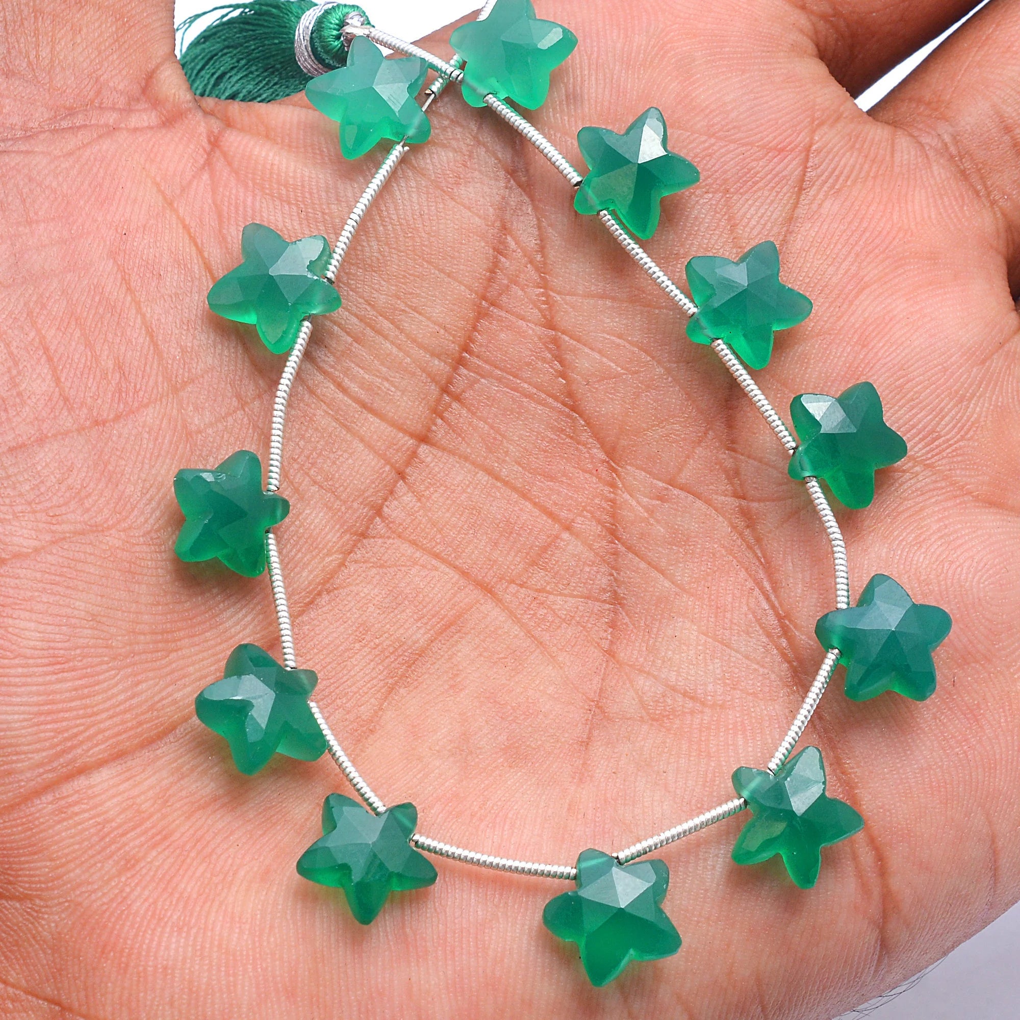 Natural Green Onyx Faceted Stars Beads, 8 Inch Strand Onyx Fancy Star Shape Carved Briolettes, (SKU545)