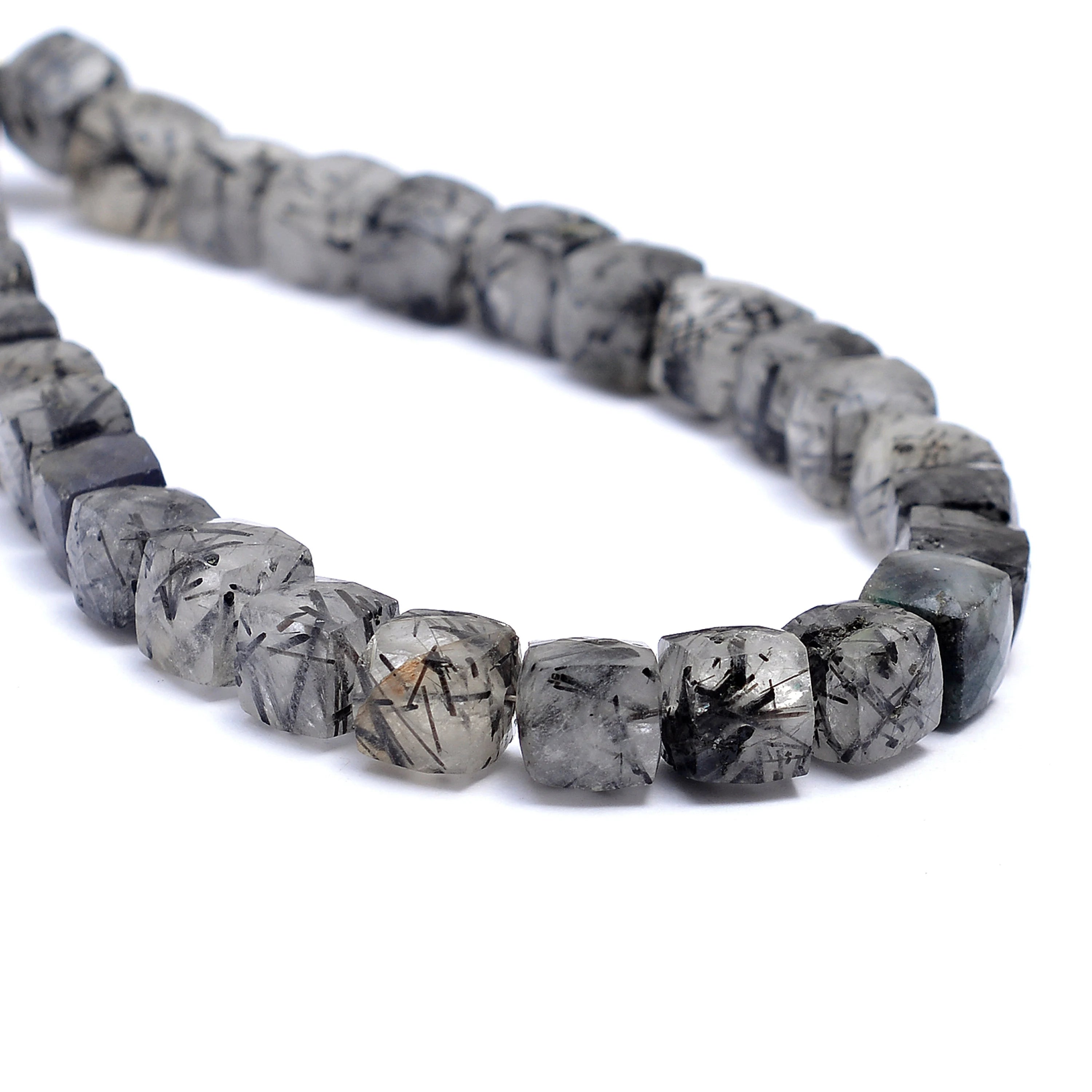 Cube Shape Black Rutile Quartz Smooth Box Beads, 7 mm To 8 mm, (SKU599)