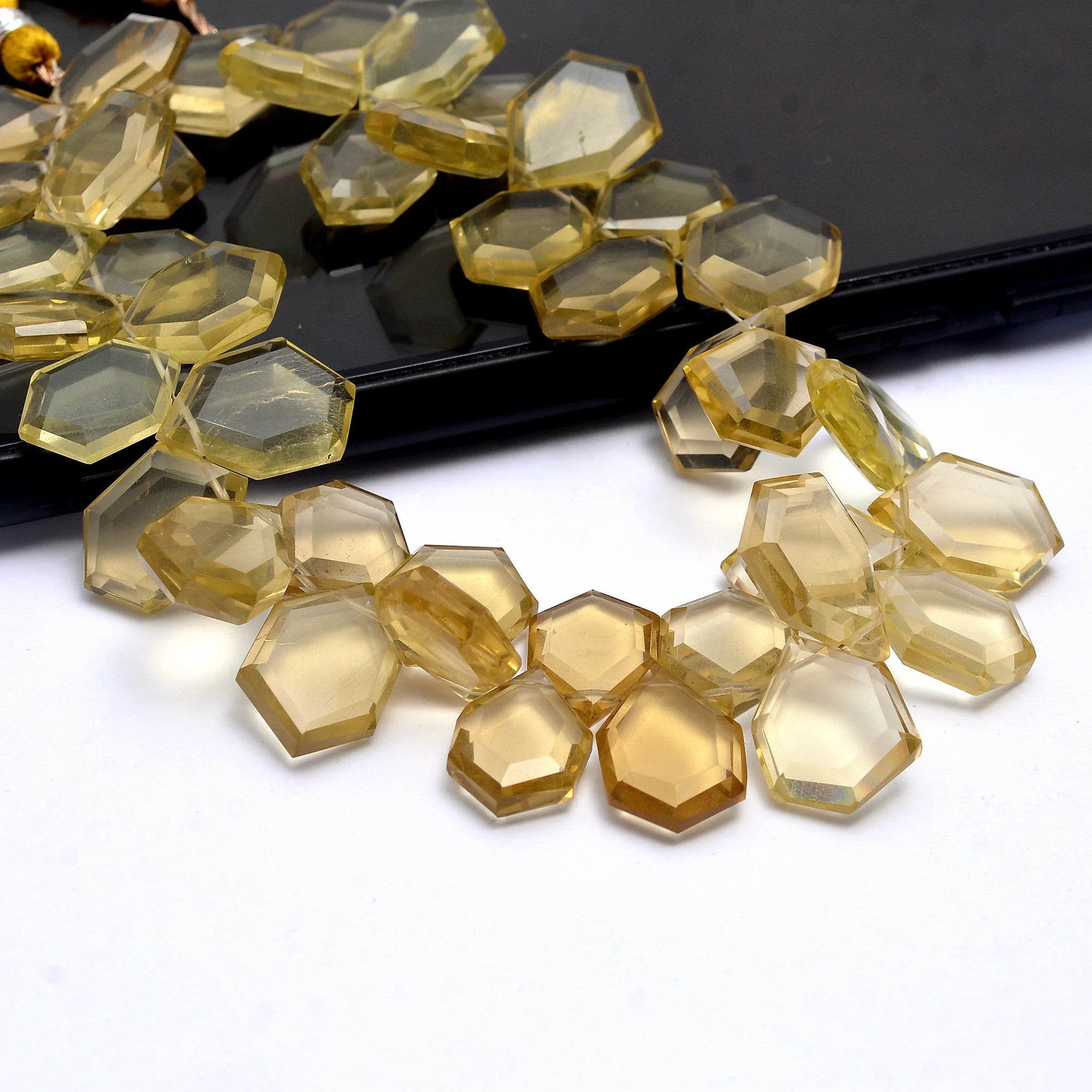 Hexagon Six Corner Fancy Lemon Quartz Briolettes 7 Inches, Natural Lemon Quartz Faceted Briolettes, AA Quality, Gift For Her,