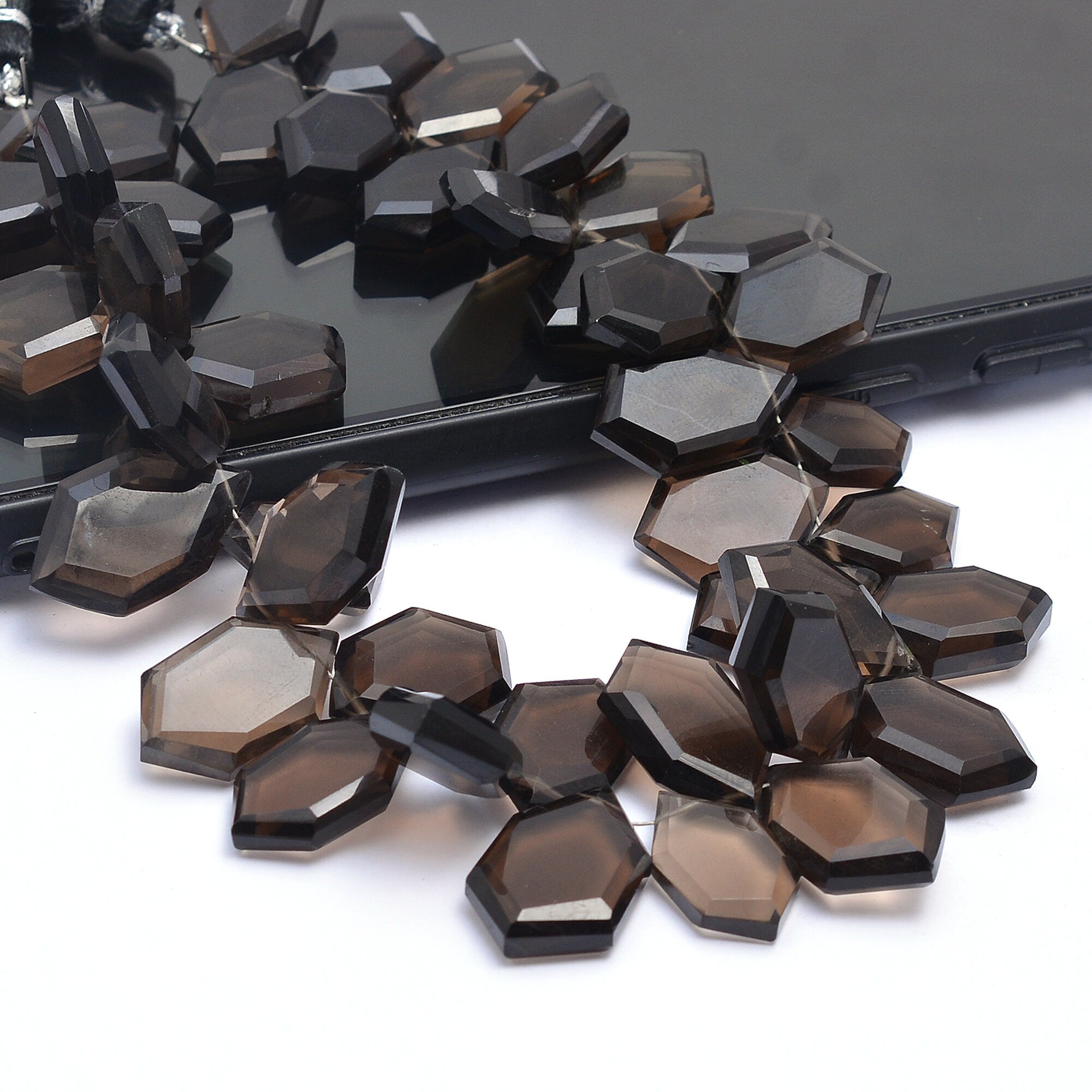 Smoky Quartz Faceted Hexagon Six Corner Fancy Beads, 9x15mm To 12x18mm, (SKU614)