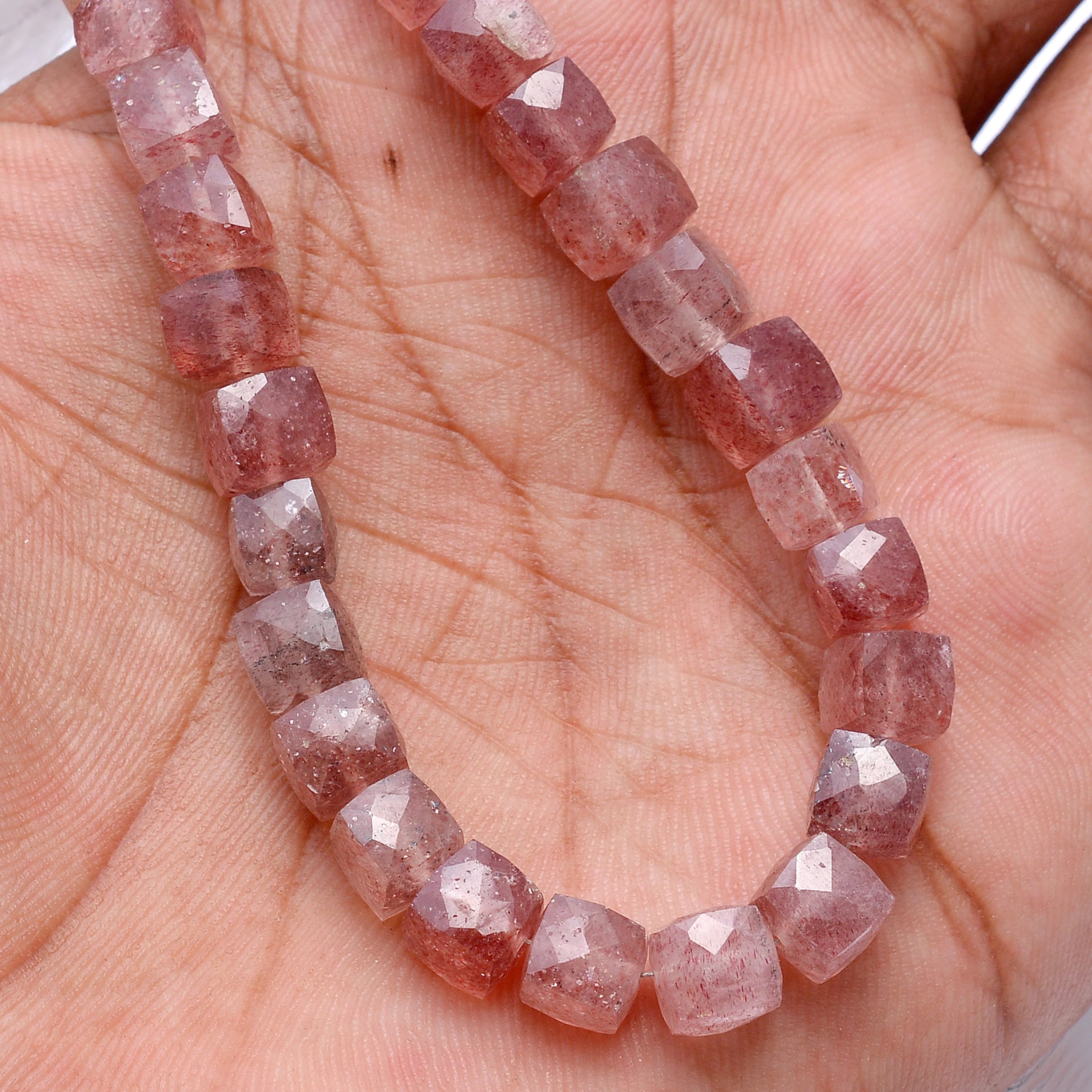 Natural Strawberry Quartz Faceted Box Cube Beads, 7 mm To 8 mm, SKU601