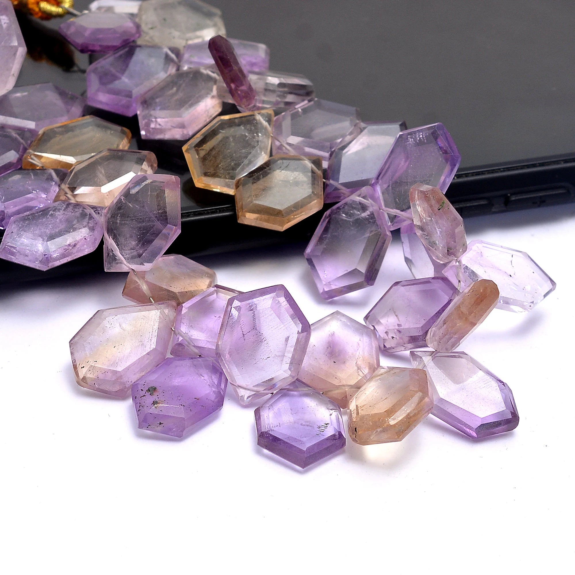Ametrine Hexagon Fancy Beads, 12x14.5 To 12.5x18.5 mm, Bi-Color Ametrine Gemstone Beads, (SKU609)