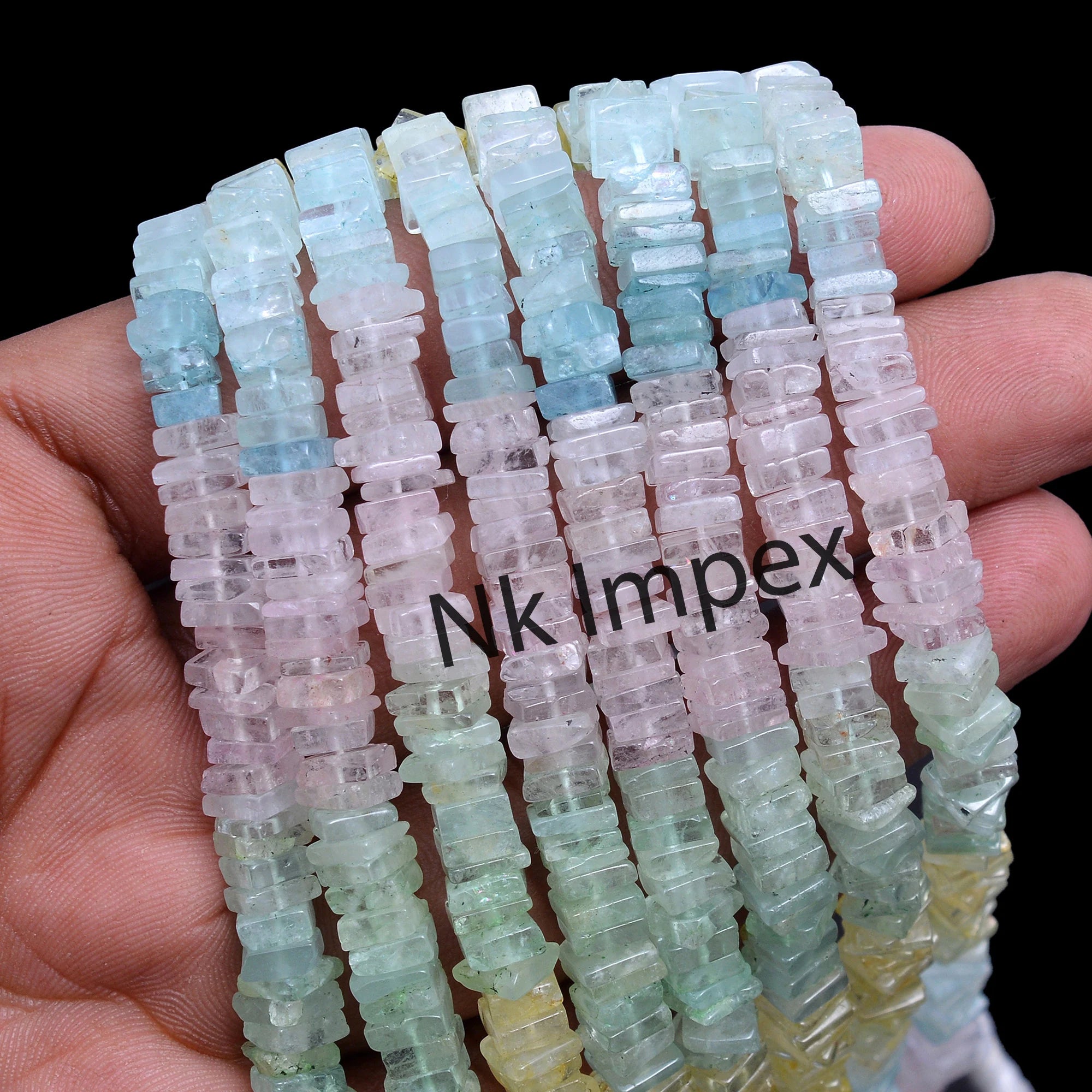 Natural Multi Aquamarine Smooth Square Beads, 16 Inch Strand Aqua Gemstone Beads, (SKU111)