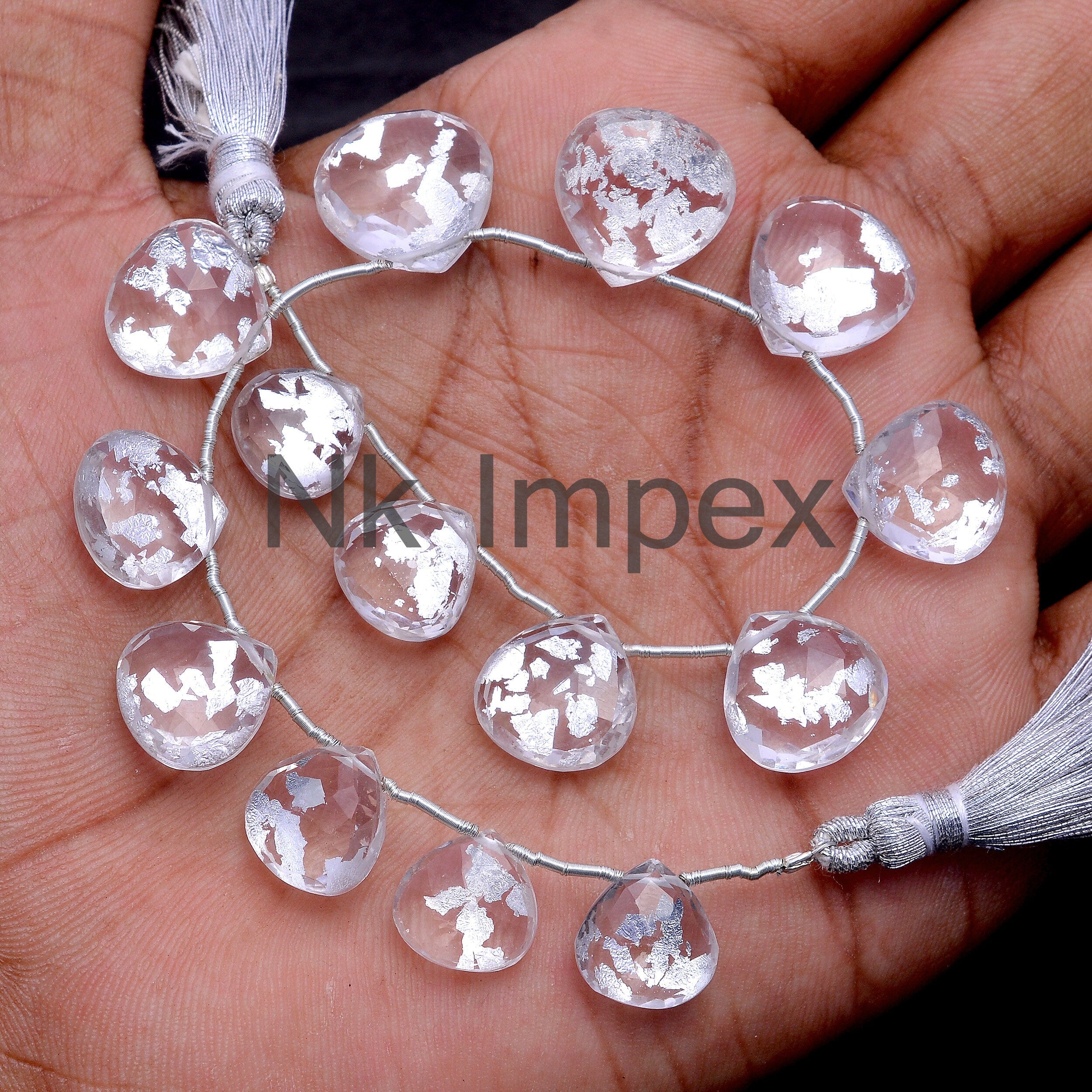 AA Quality Silver Flakes Crystal Quartz Faceted Heart Shape Doublet Briolette, Faceted Silver Flakes Crystal Quartz, SKU No. 1014