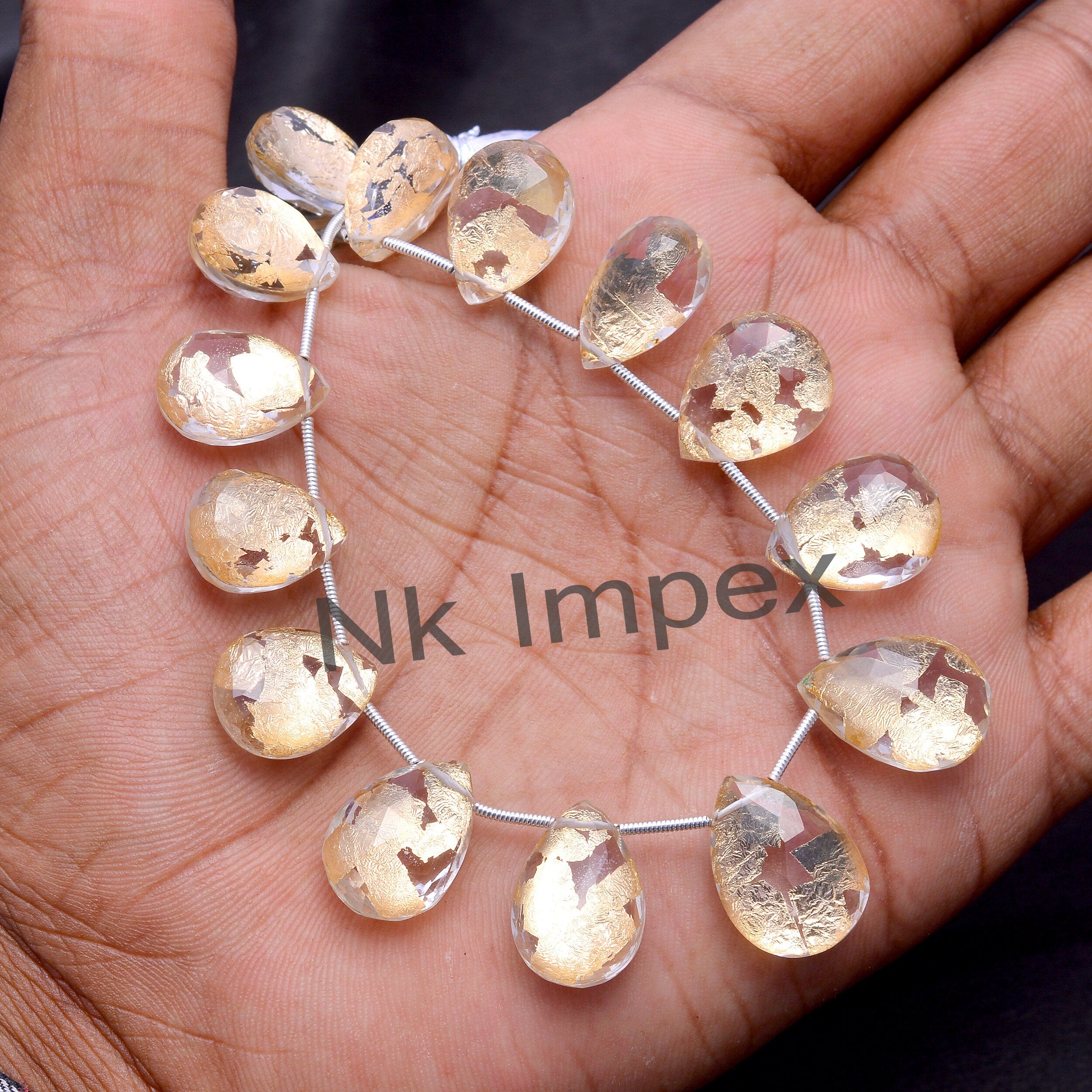 Unique Gold Foil Inlay Crystal Quartz Faceted Pear Beads, 8.5 Inch Strand, (SKU1012)