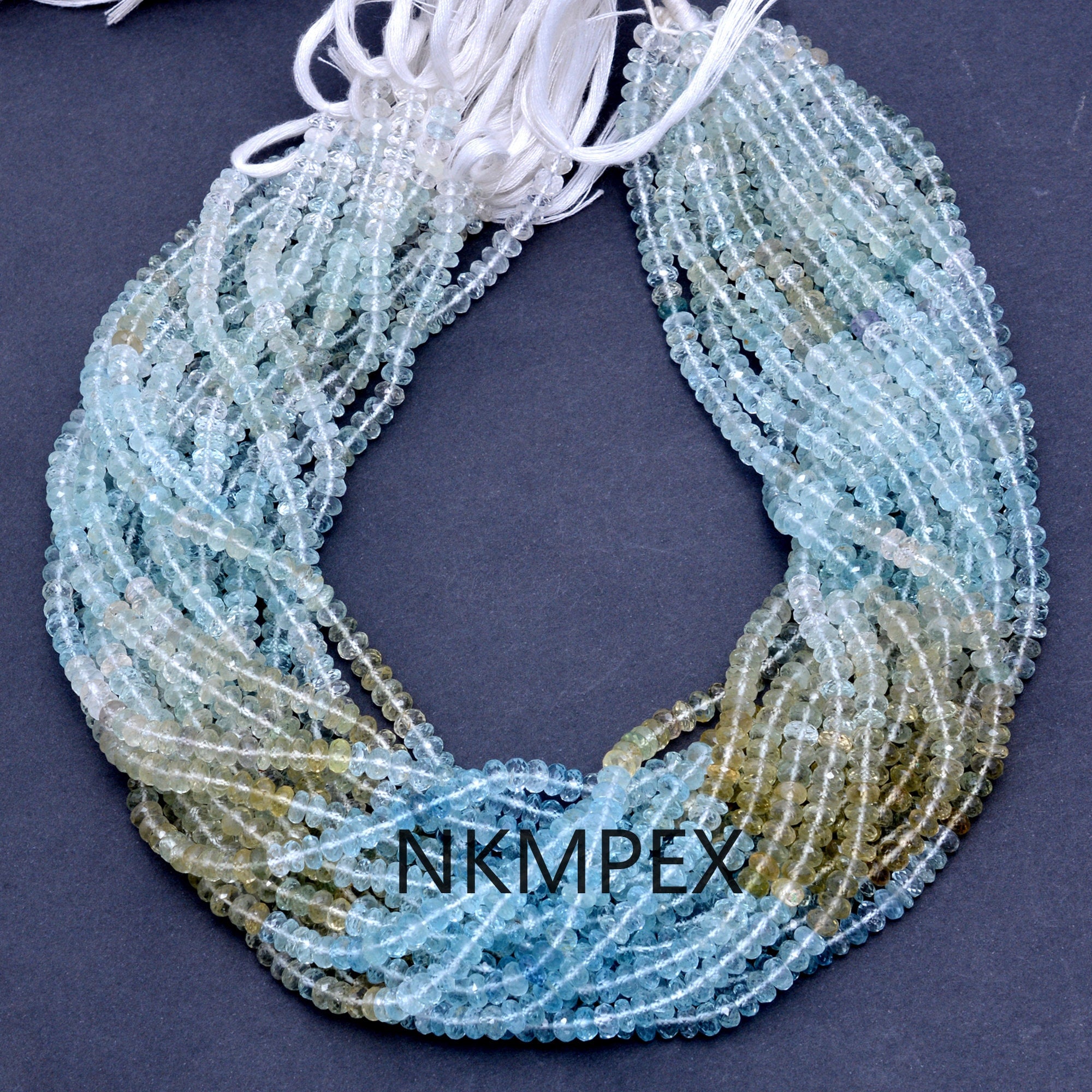 Multi Aquamarine Faceted Shaded Rondelle Beads, 15 Inch Strand, (SKU010)