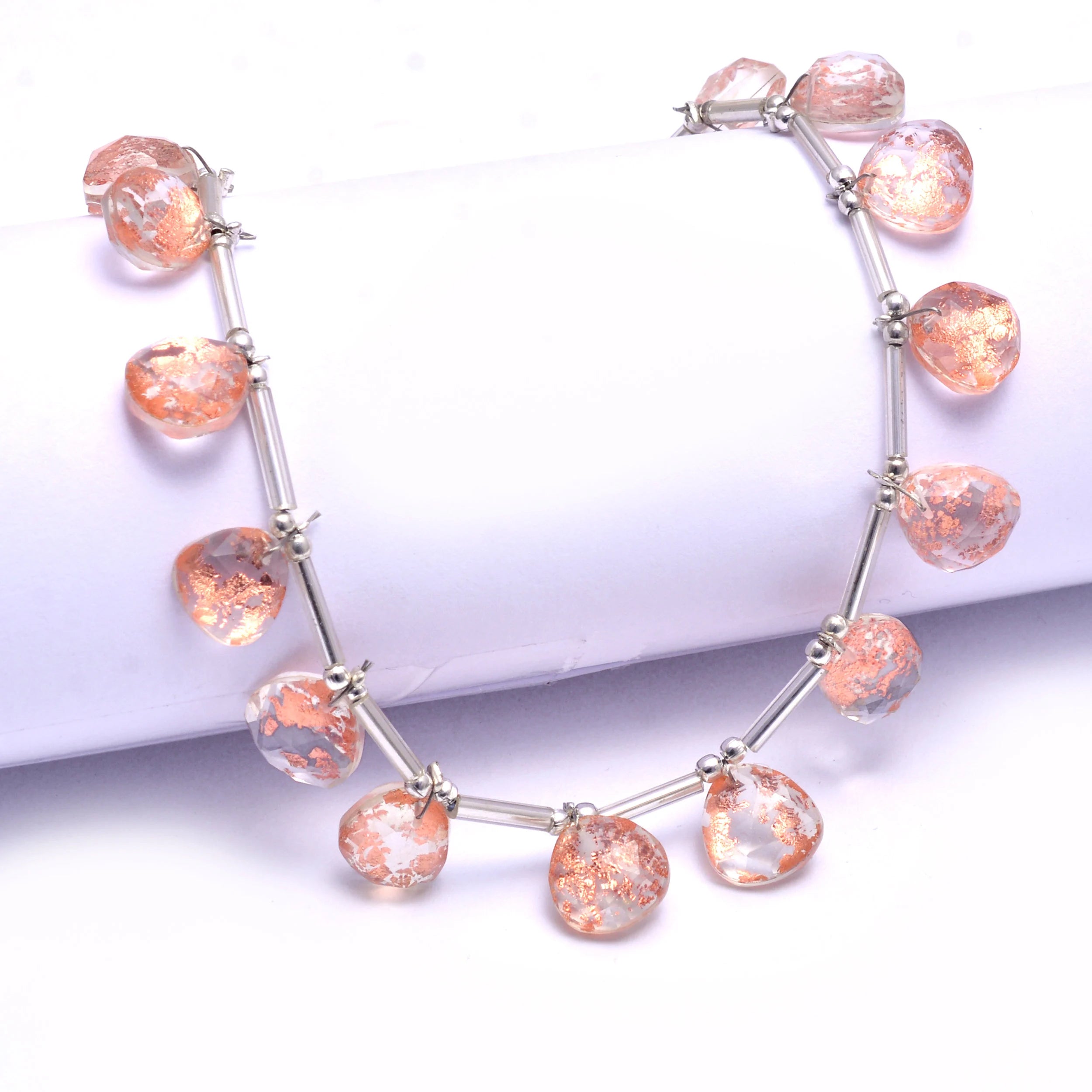 Natural Copper Foil Inlay Crystal Quartz Faceted Rose Slice Beads, 10.5 Inch, (SKU1024)