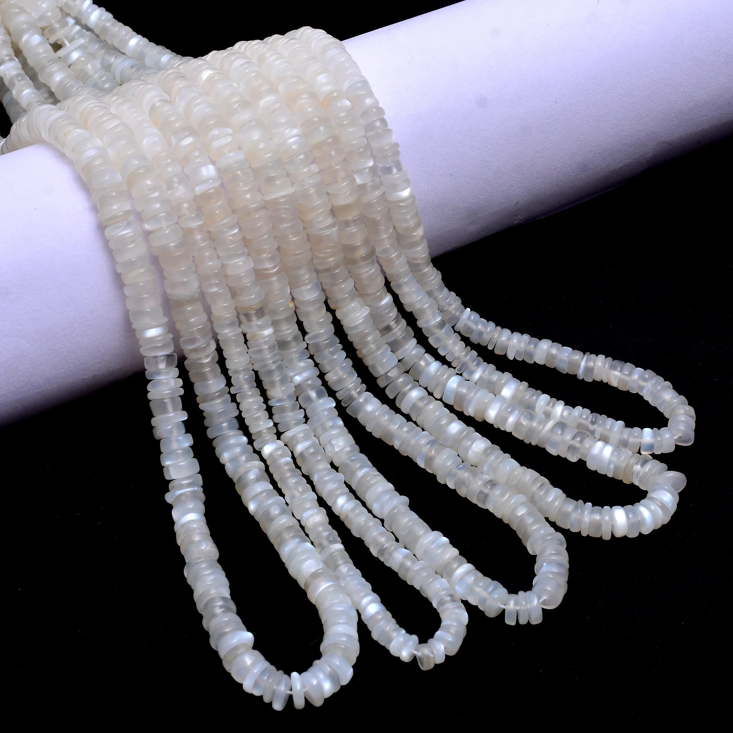 Natural White Moonstone Beads, Smooth Tyre Beads, 4 To 6 mm Beads, Moonstone Heishi Wheels Beads, Wholesale Stone Beads Supplier (SKU1029)