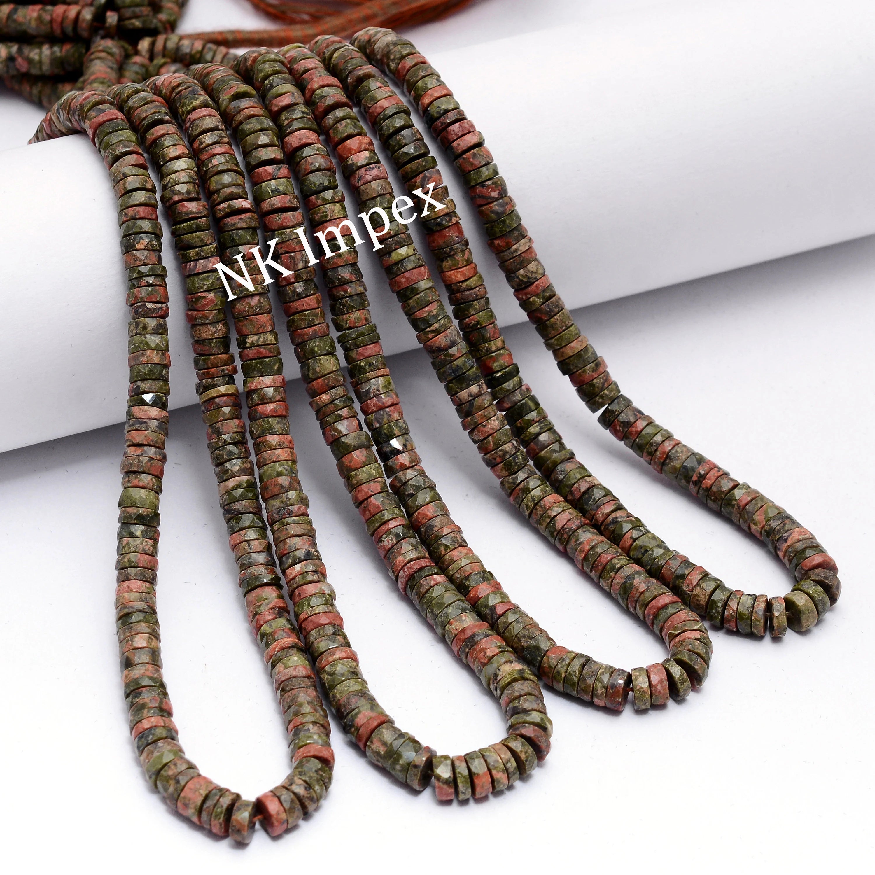 Green Unakite Faceted Tyre Beads, Unakite Heishi Beads, Unakite Wheels, Unakite Handmade Jewelry Making Gemstone Beads, SKU1332