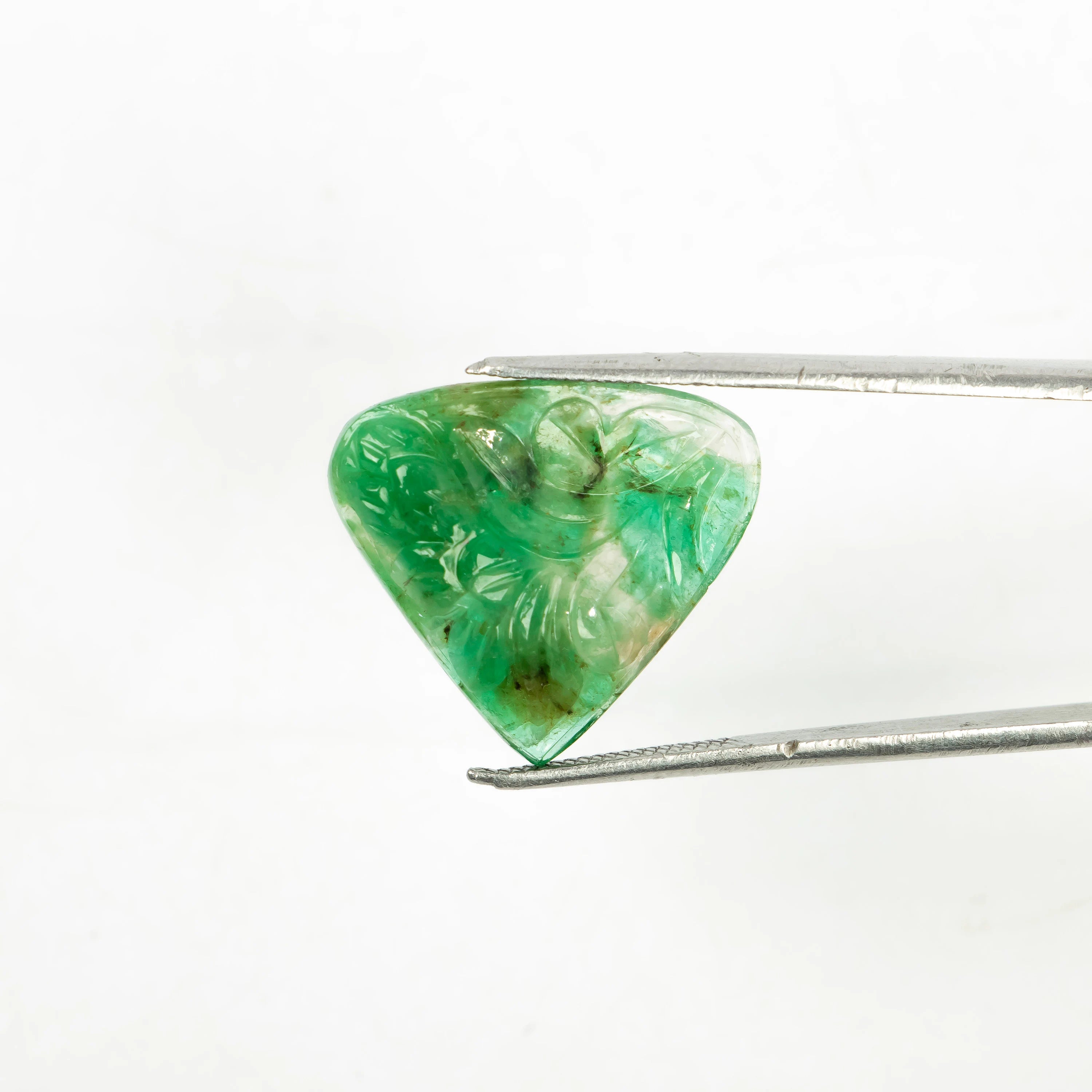 Natural Emerald Trilion Shape Gemstone, Emerald Fancy Carving Loose Gemstone, Emerald Jewelry Making Handmade Carving Gemstone