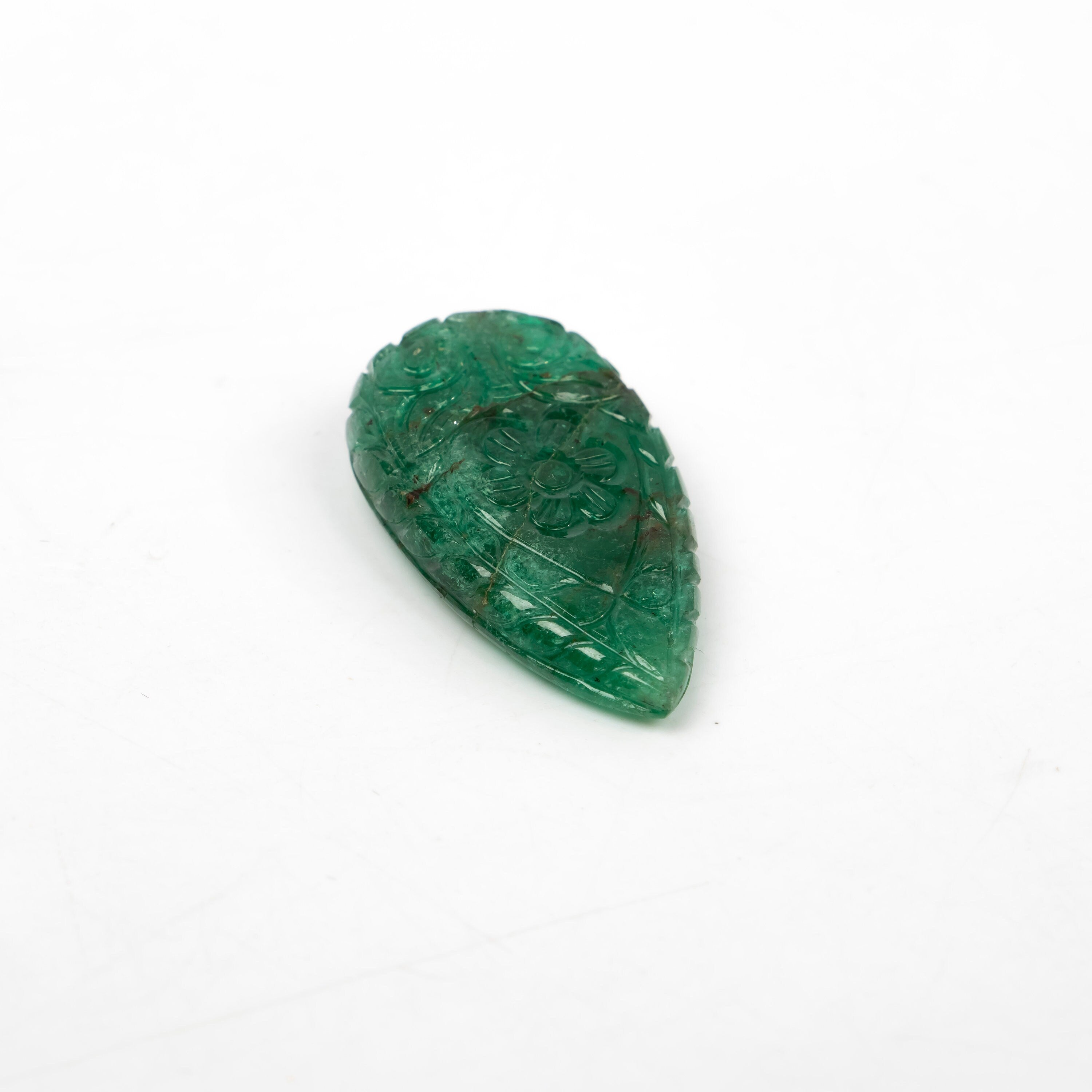 Natural Emerald Pear Shape Gemstone, Emerald Fancy Carving Loose Gemstone, Emerald Jewelry Making Handmade Carving Gemstone