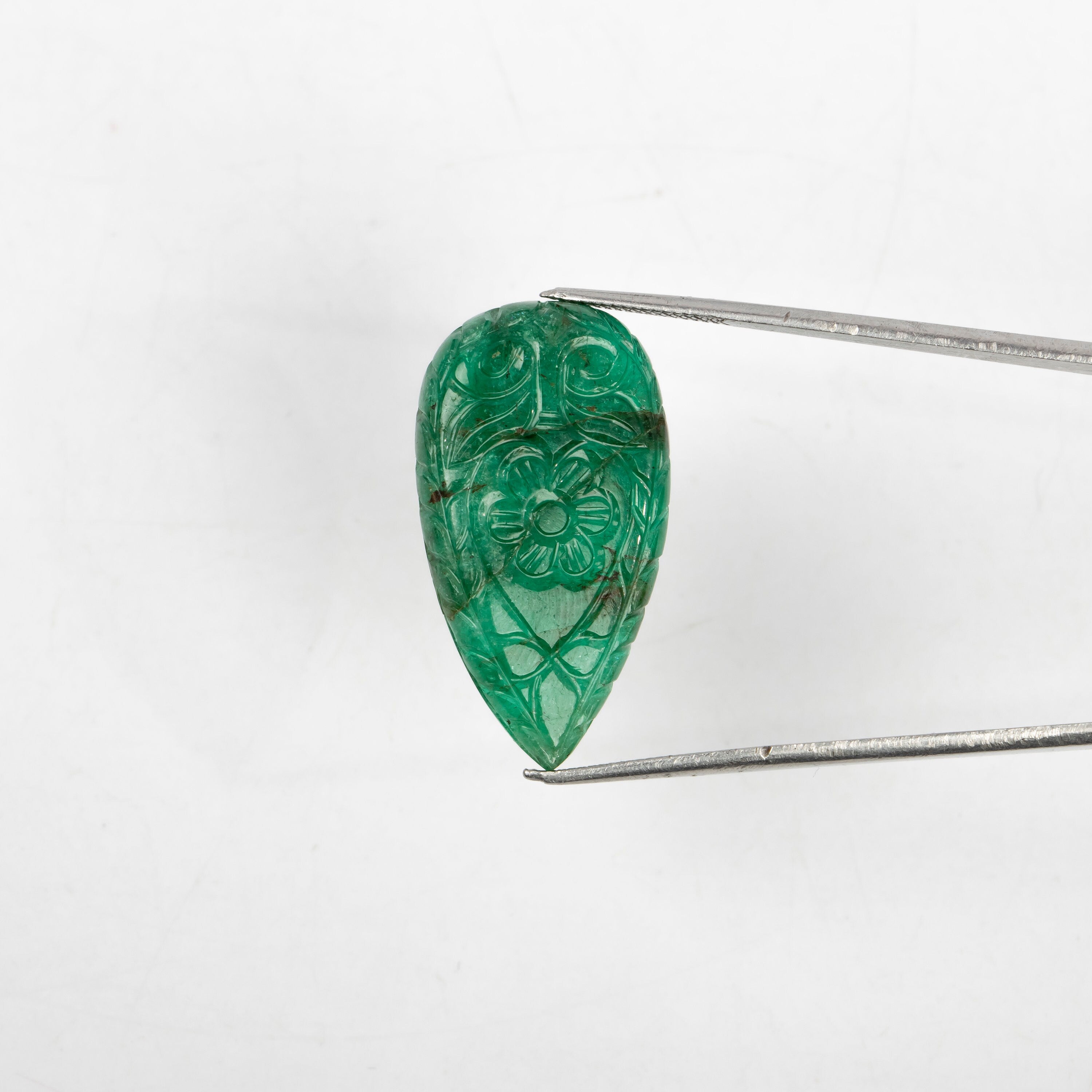 Natural Emerald Pear Shape Gemstone, Emerald Fancy Carving Loose Gemstone, Emerald Jewelry Making Handmade Carving Gemstone