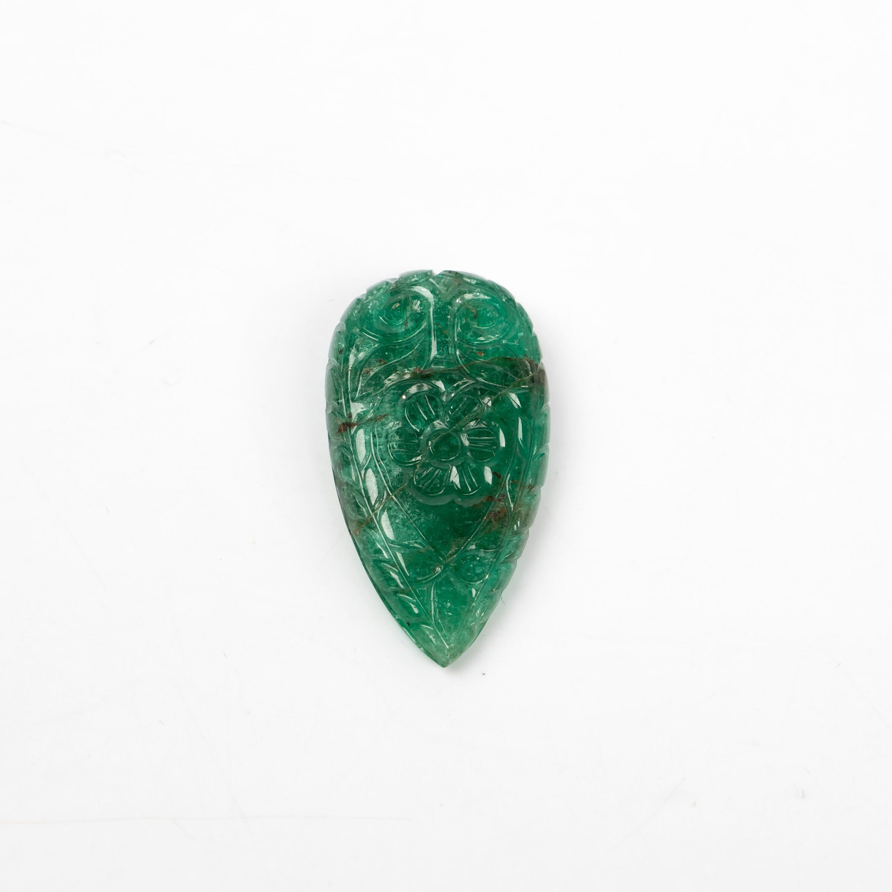 Natural Emerald Pear Shape Gemstone, Emerald Fancy Carving Loose Gemstone, Emerald Jewelry Making Handmade Carving Gemstone