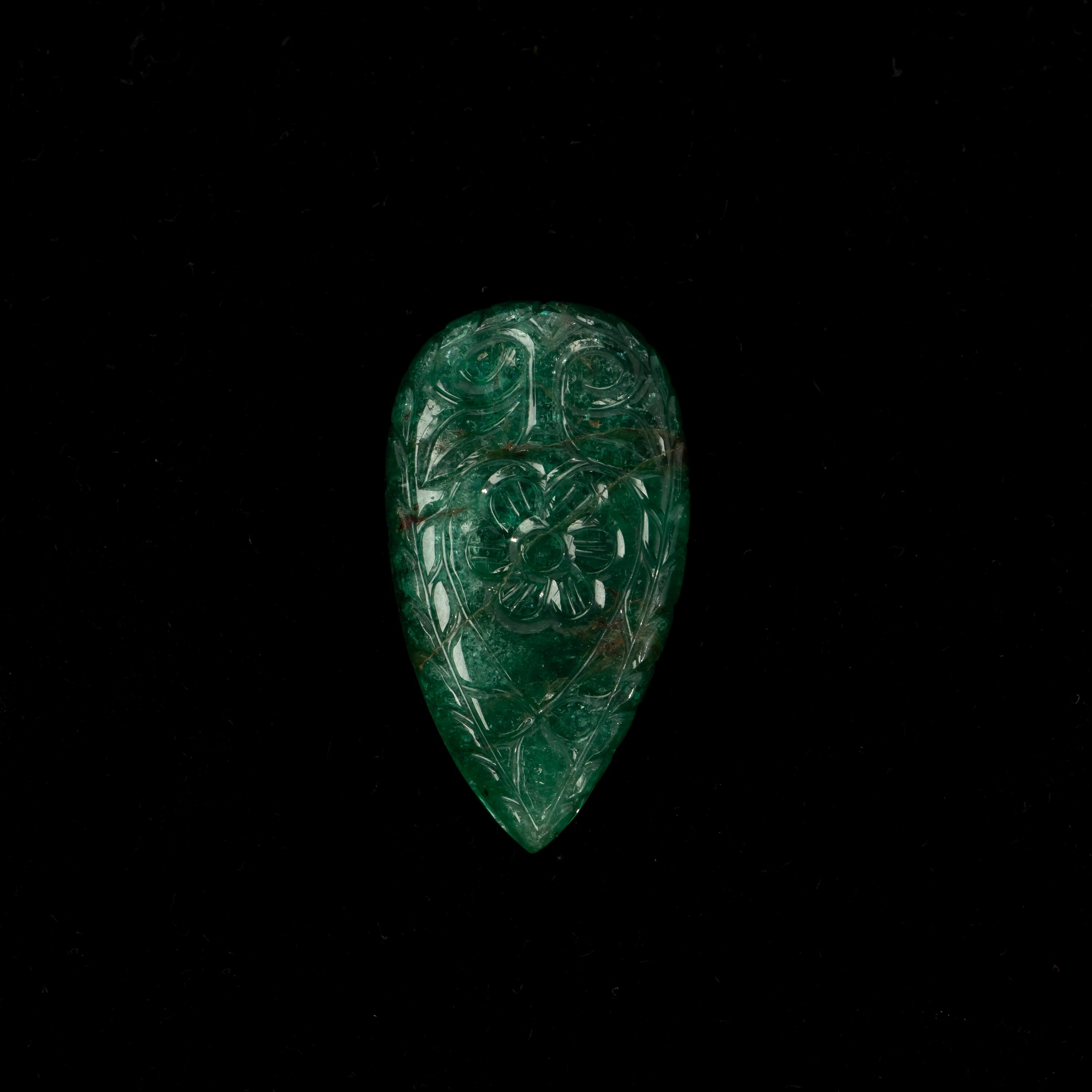 Natural Emerald Pear Shape Gemstone, Emerald Fancy Carving Loose Gemstone, Emerald Jewelry Making Handmade Carving Gemstone