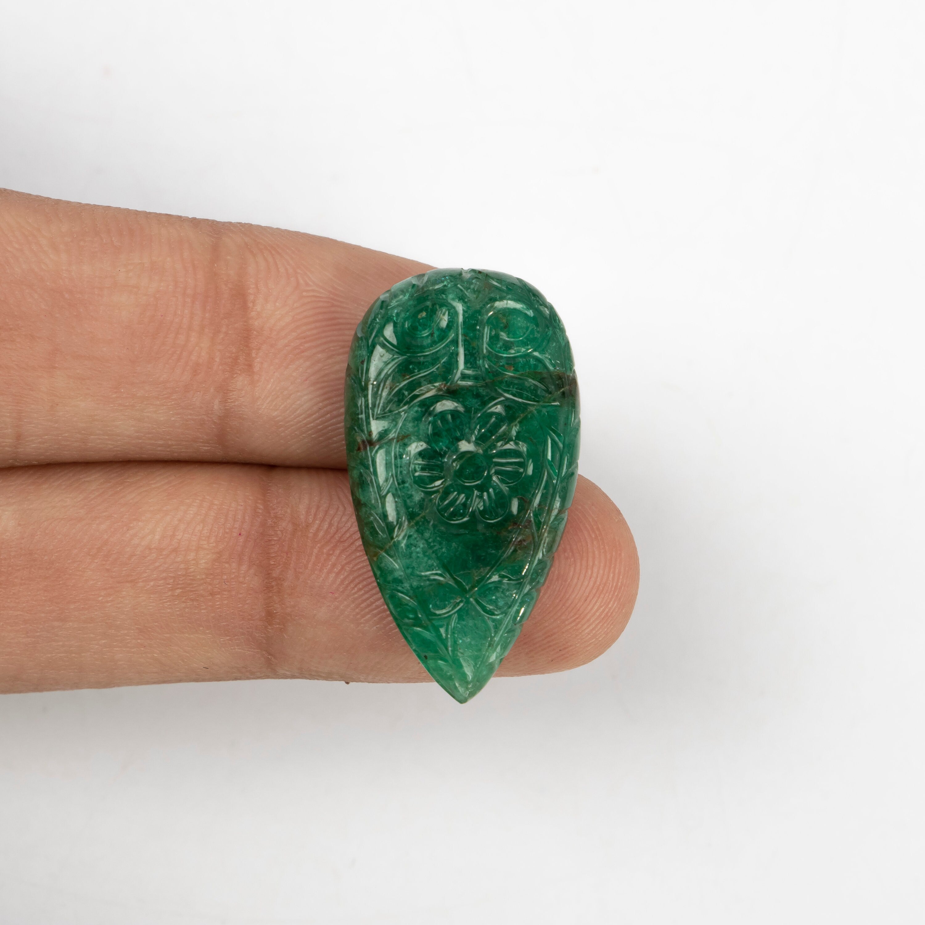 Natural Emerald Pear Shape Gemstone, Emerald Fancy Carving Loose Gemstone, Emerald Jewelry Making Handmade Carving Gemstone
