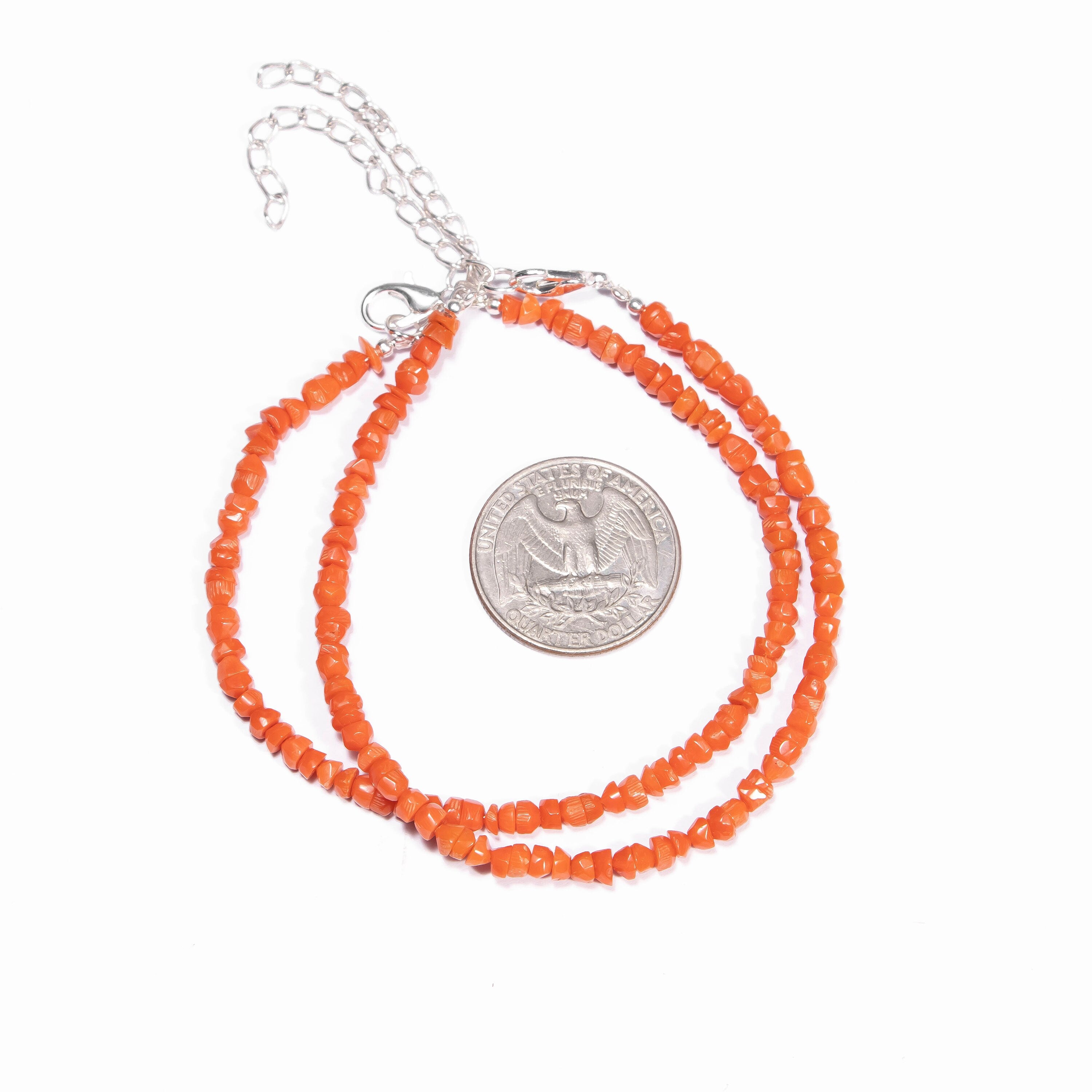 AA Quality Red Coral Organic Beads Faceted Adjustable Chain, Faceted Coral Beads Bracelet, 3.5mm-4mm, 7 Inches, Handcrafted Bead