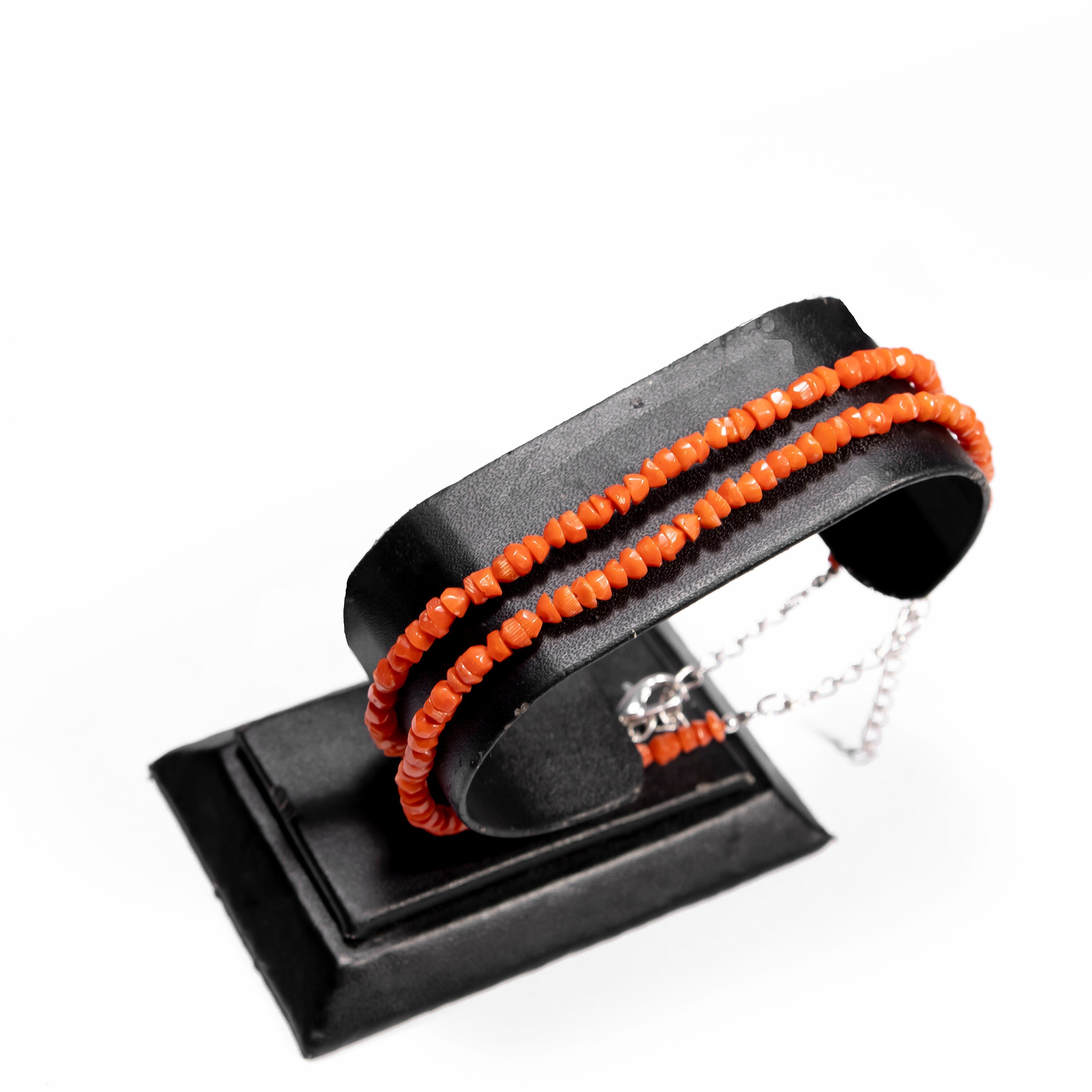 AA Quality Red Coral Organic Beads Faceted Adjustable Chain, Faceted Coral Beads Bracelet, 3.5mm-4mm, 7 Inches, Handcrafted Bead