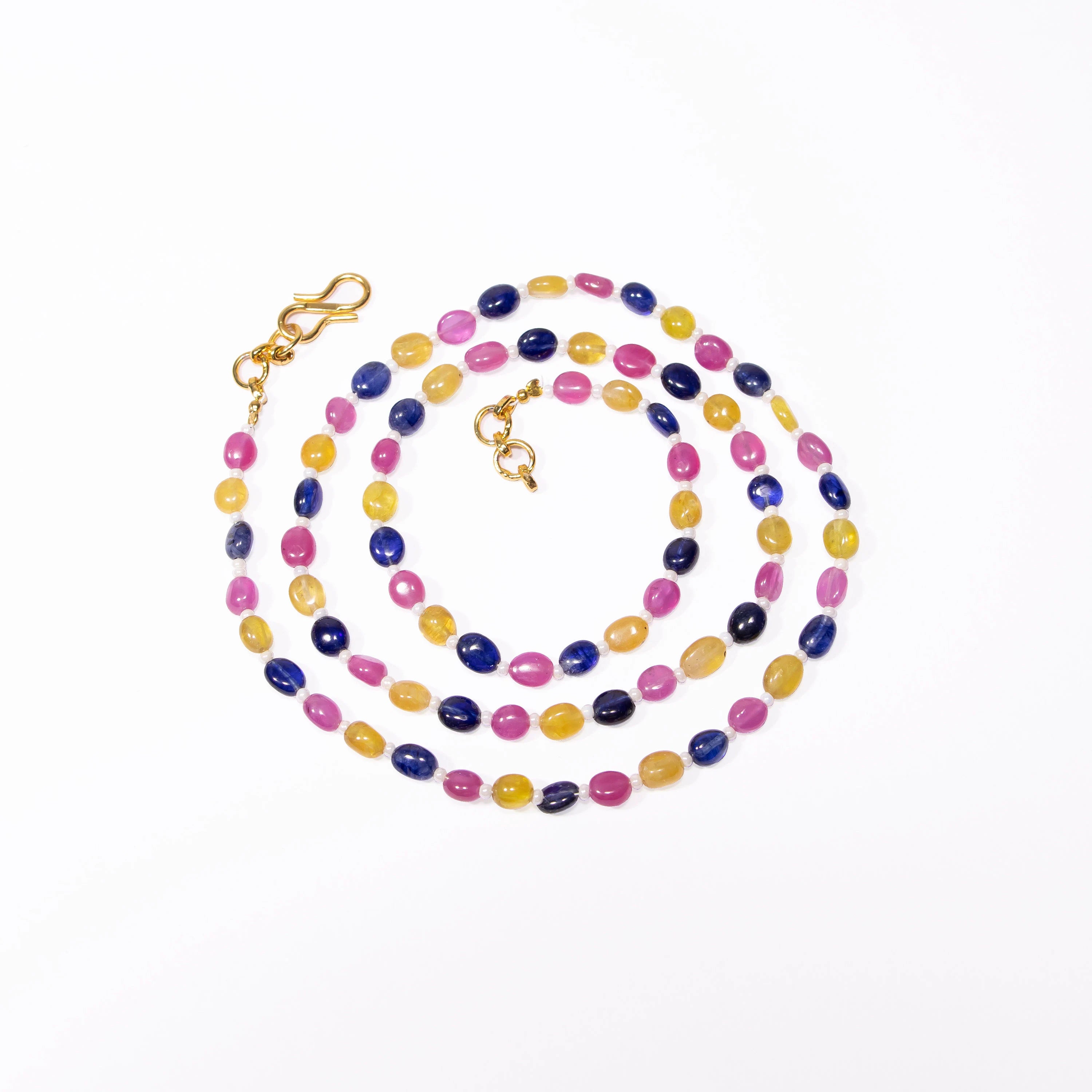 Multi Color Sapphire Smooth Oval Beads Necklace, Sapphire Beads Necklace, SKU2491