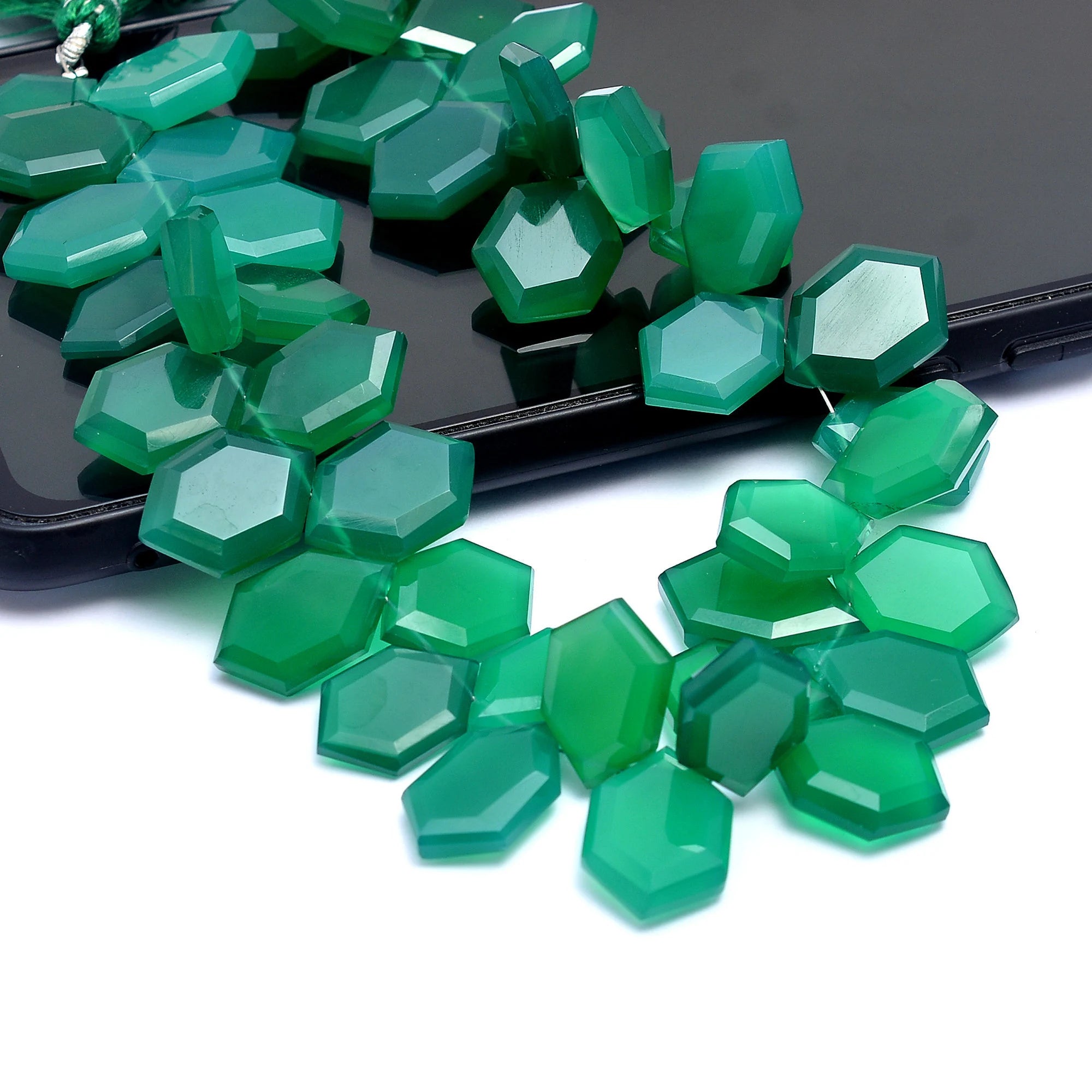 Green Onyx Faceted Hexagon Six Corner Fancy Beads, 9x15 mm To 12x18 mm,  SKU613