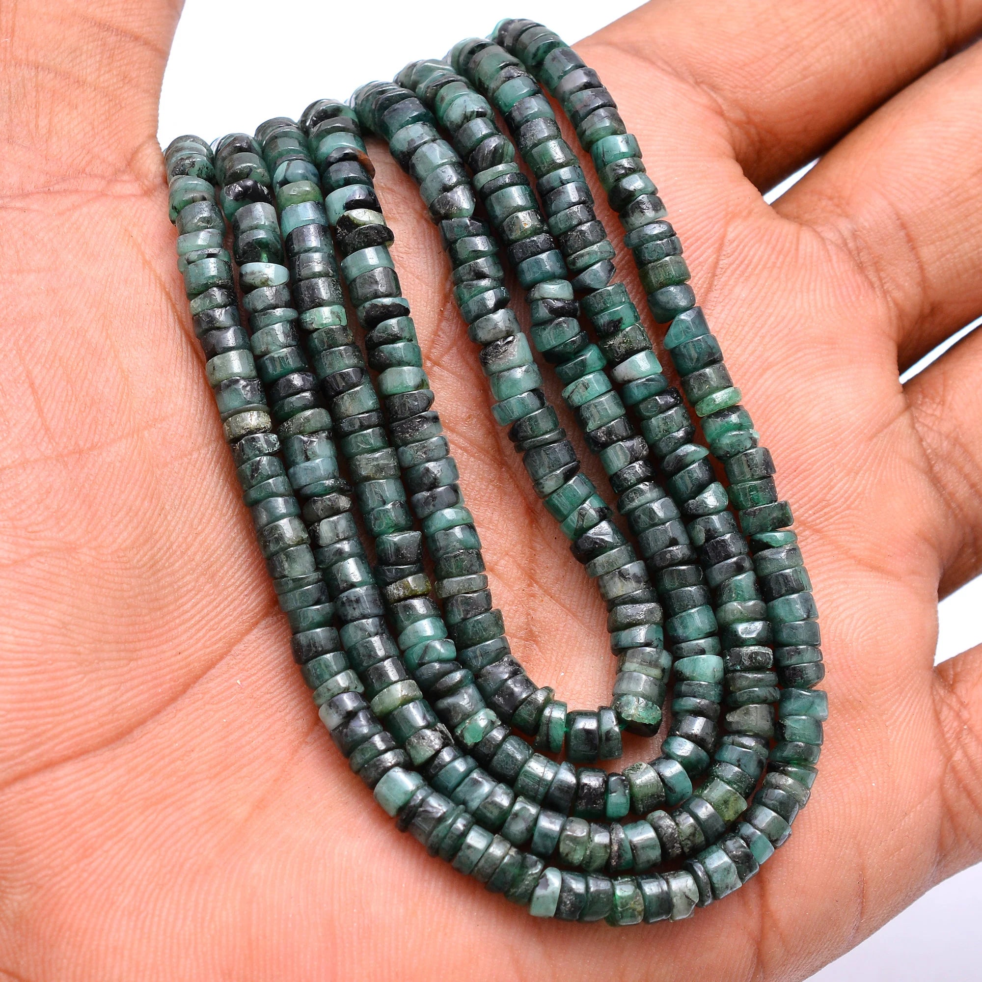 Natural Emerald Smooth Heishi Tyre Beads, Emerald Wheels Beads, 16 Inch, (SKU627)