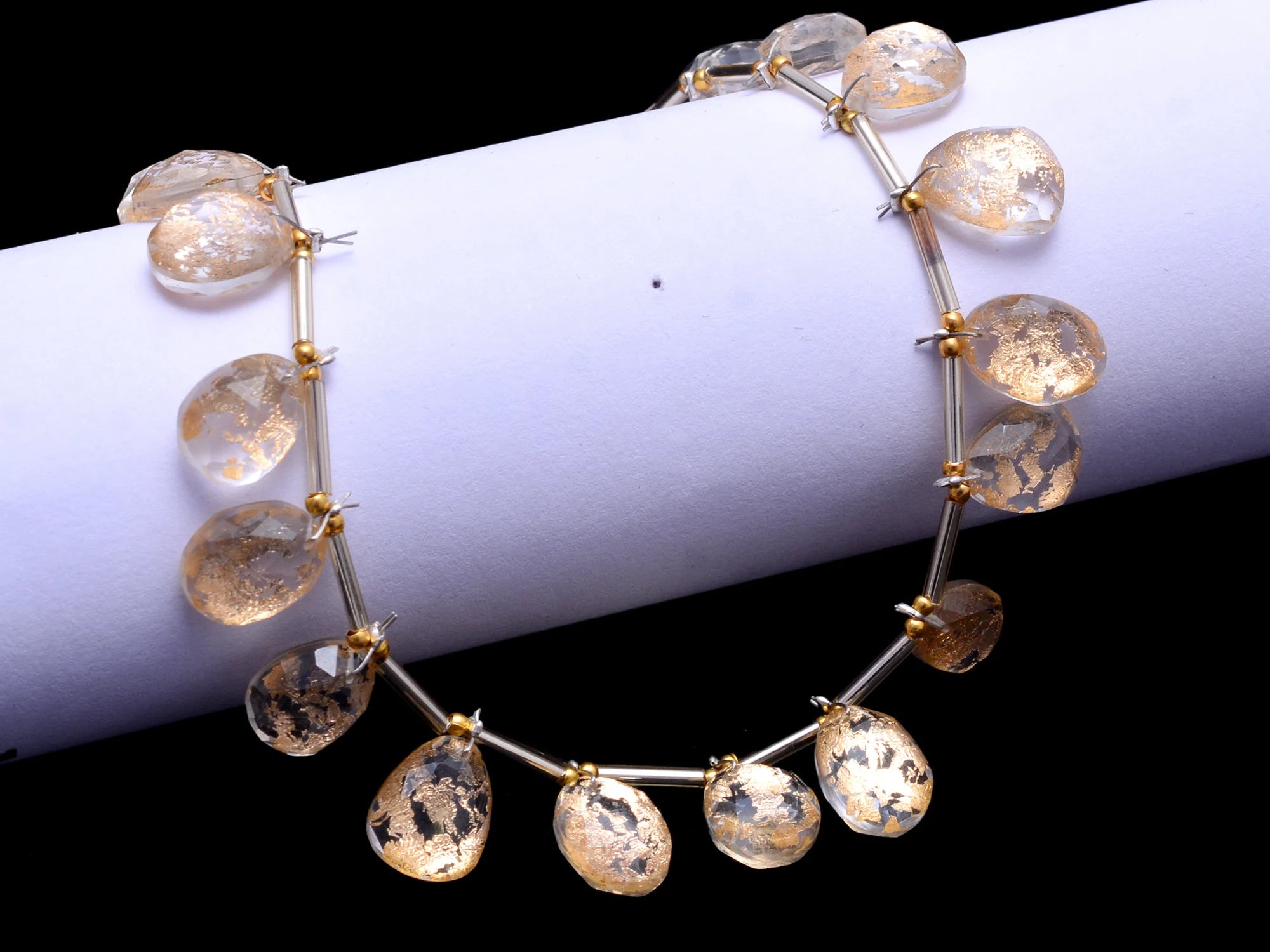 Gold Foil Inlay Crystal Quartz Drilled Pear Rosecut , Crystal Quartz Beads, 10 Inch, (SKU1039)