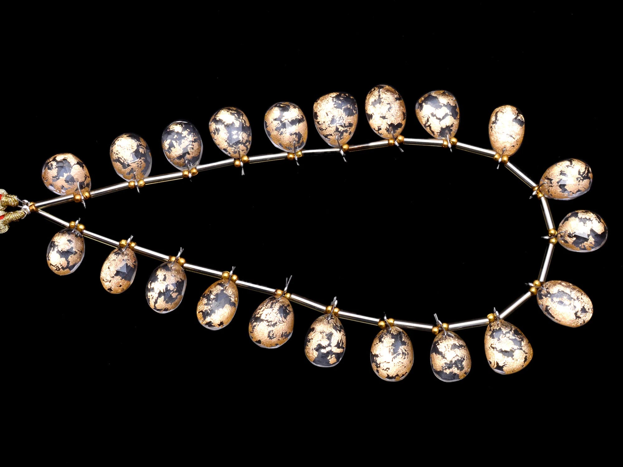 Gold Foil Inlay Crystal Quartz Drilled Pear Rosecut , Crystal Quartz Beads, 10 Inch, (SKU1039)