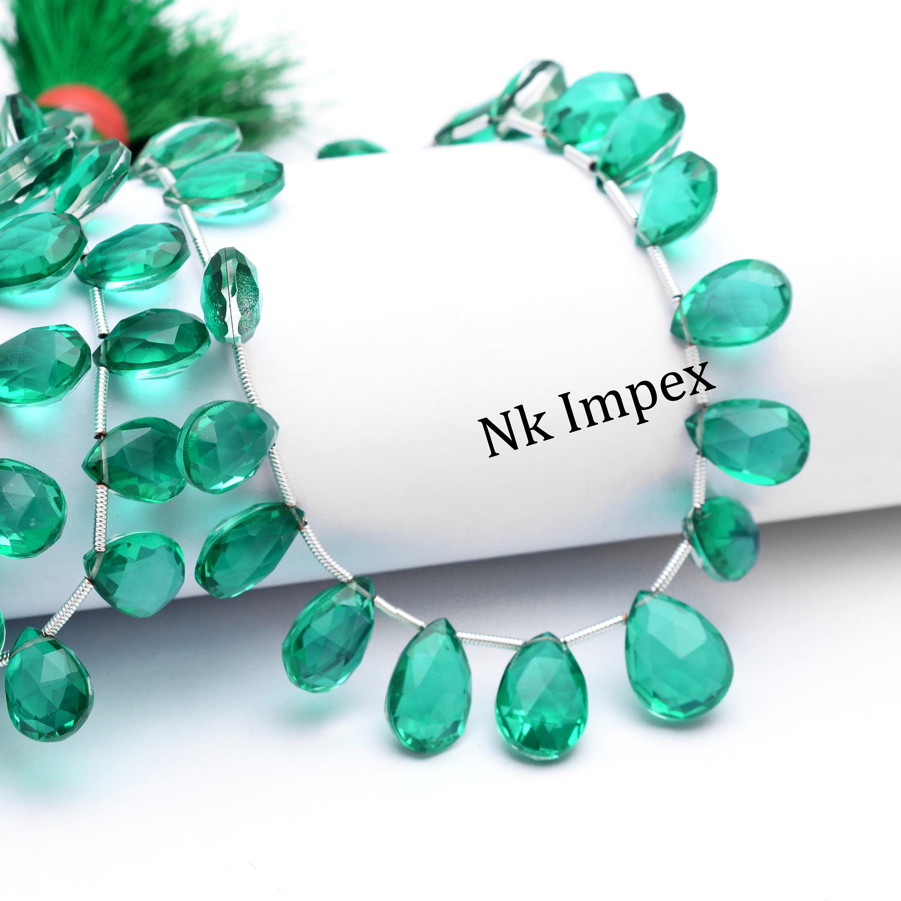 Green Crystal Quartz Doublet Emerald Color Faceted Pear Beads (SKU1348)