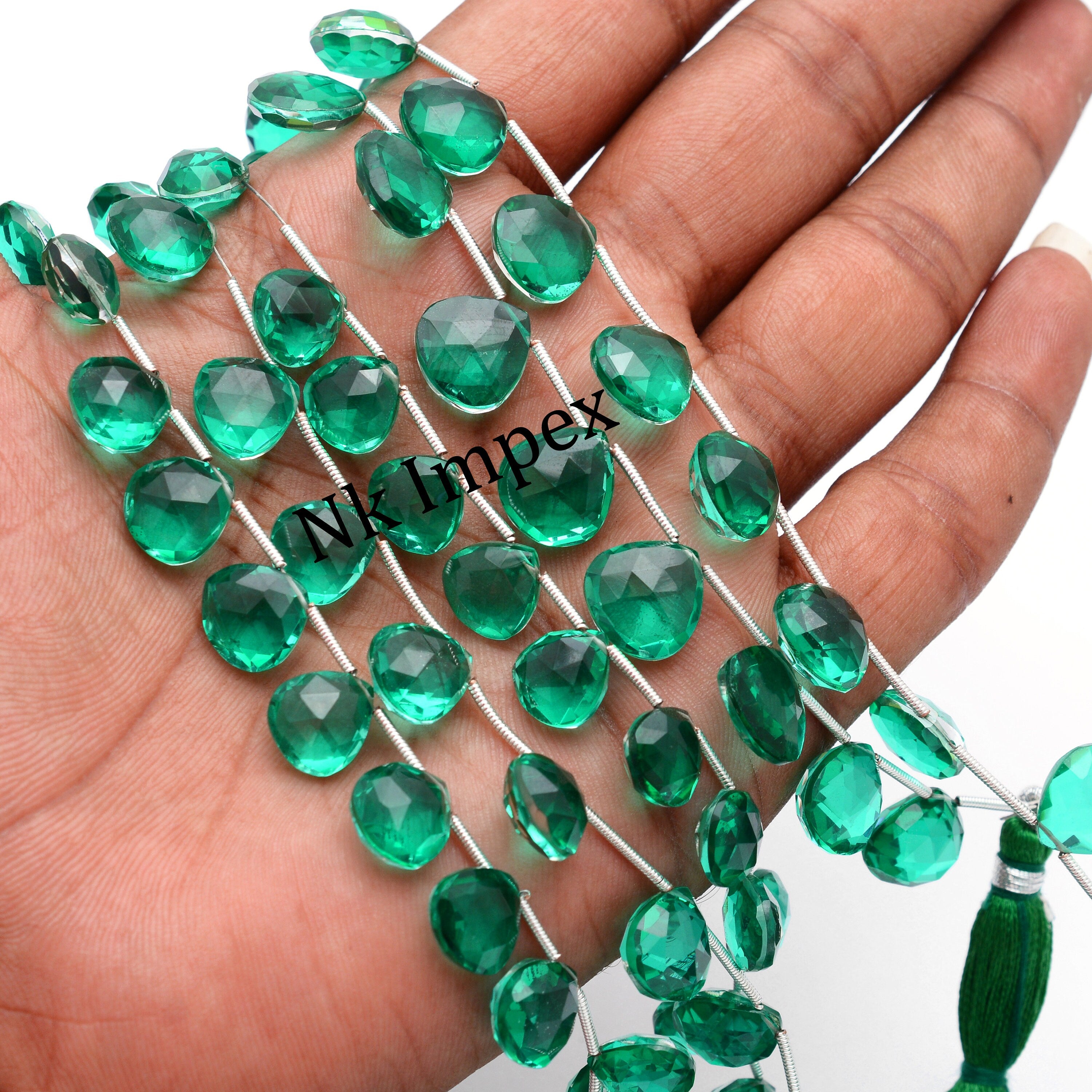 Crystal Quartz Doublet Emerald Color Faceted Heart Beads, Unique Quartz Gemstone Beads, (SKU1349)