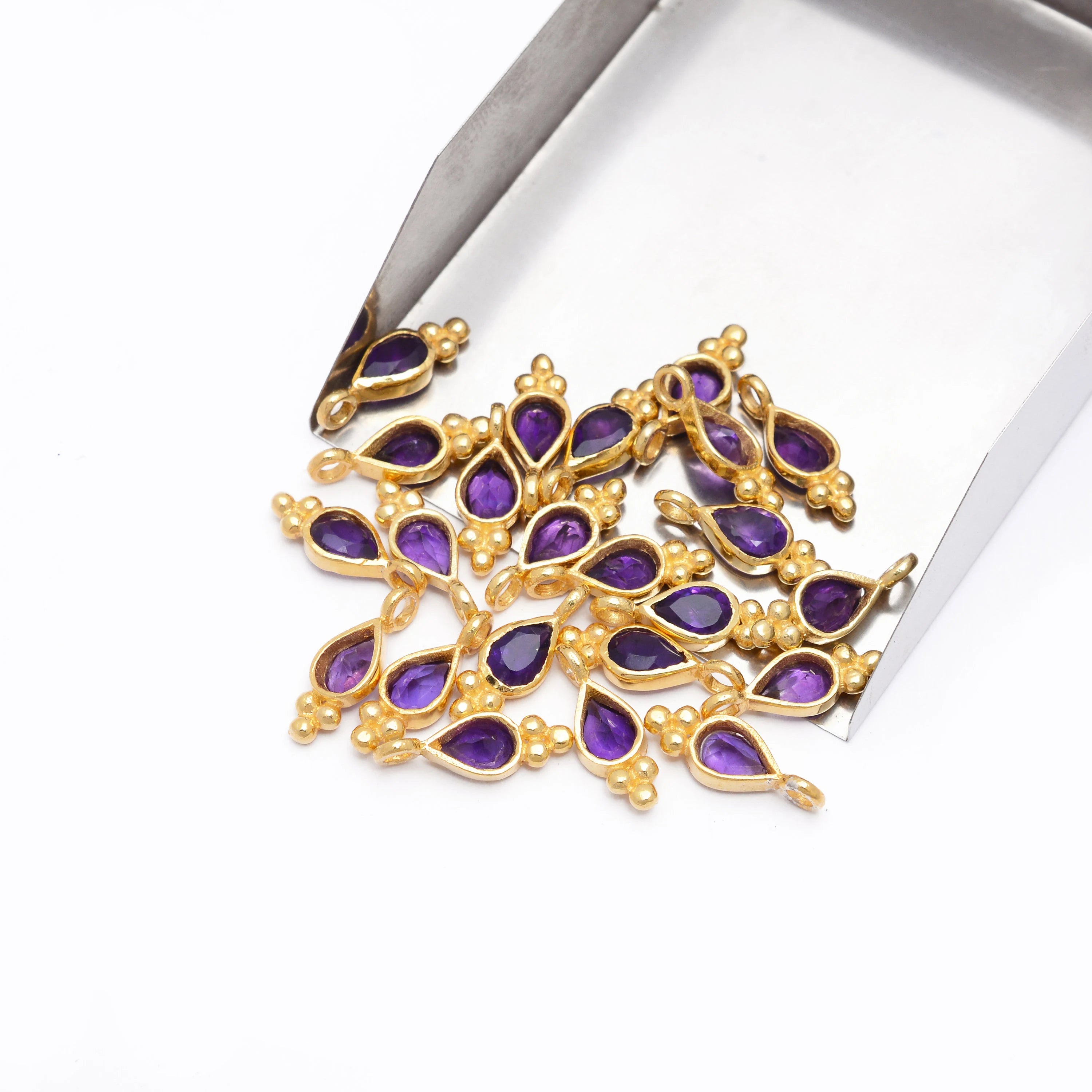 Natural African Amethyst Faceted Pear Shape Bezel Pendant, Gold Plated Bezel Connectors, (SKU1338)