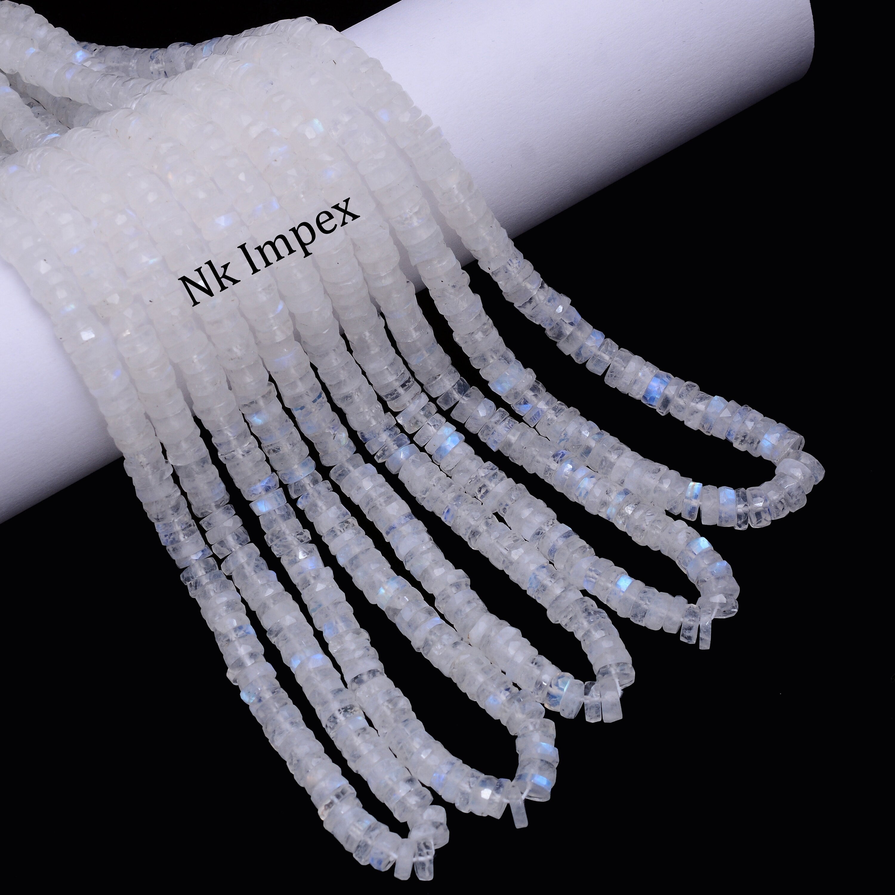 White Rainbow Moonstone Faceted Tyre Beads, Rainbow Moonstone Heishi Beads, Rainbow Moonstone Jewelry Making Gemstone Beads, SKU 1325