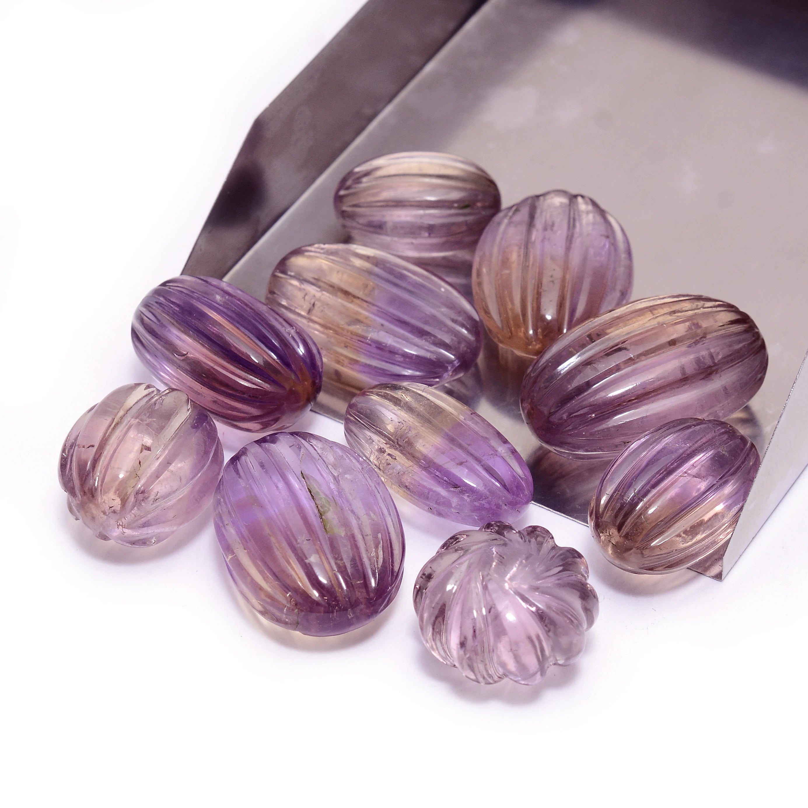 Bi-Color Ametrine Oval Carving Gemstone, 13x18 To 16x26 mm, Handcarved Natural Ametrine Loose Cabochons,  (SKU1432)