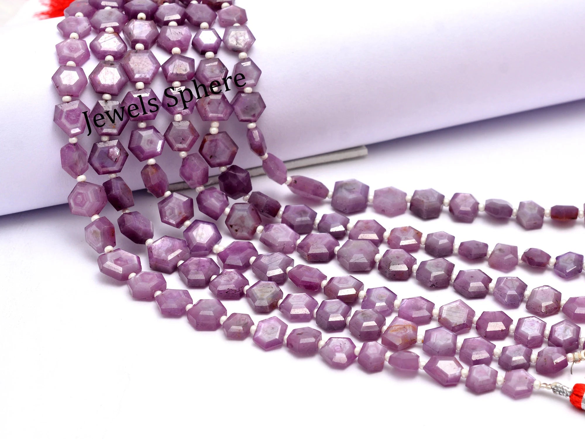 Silk Ruby Faceted Hexagon Beads, 8 Inch, SKU874