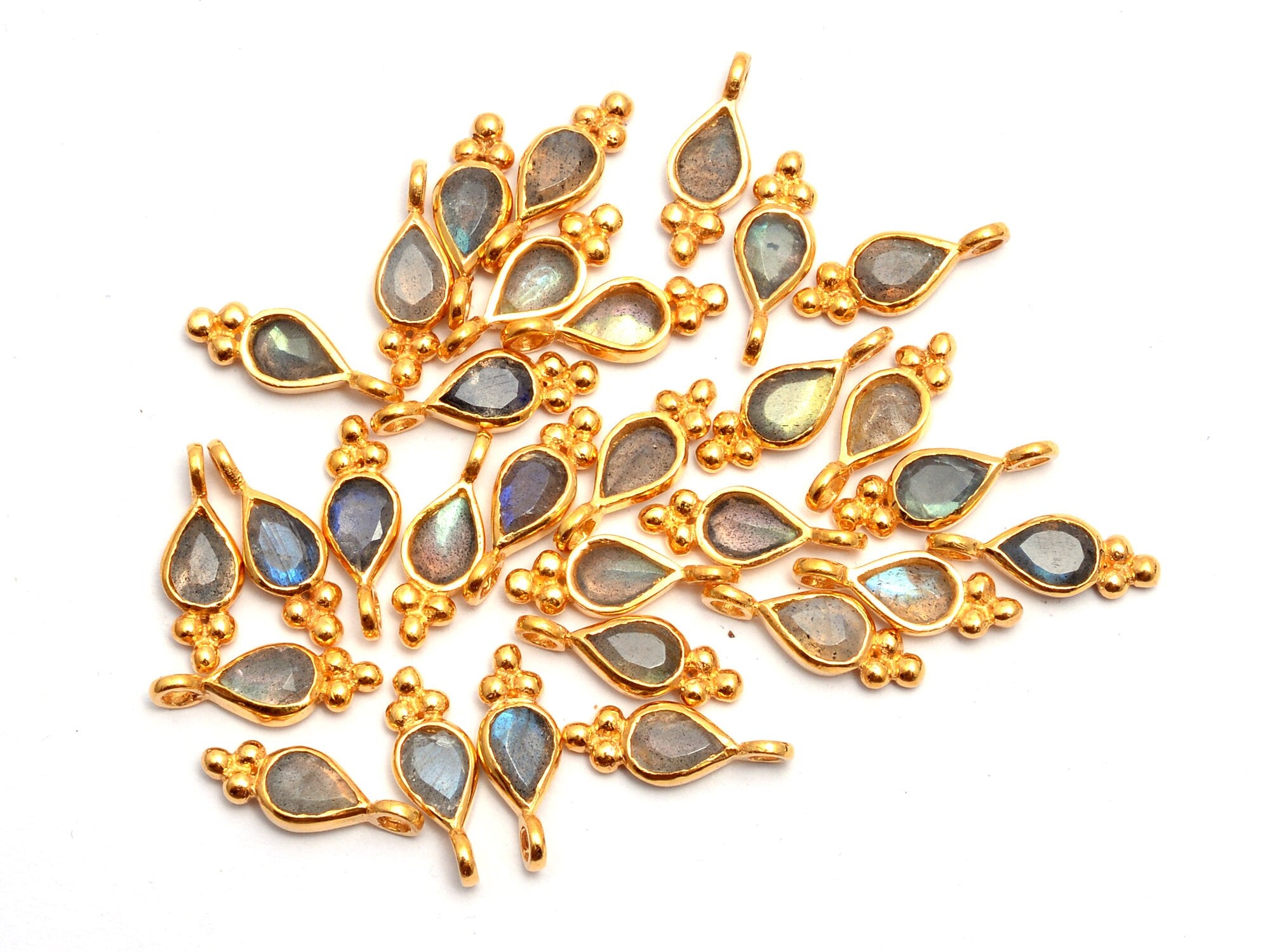 Labradorite Gemstone Faceted Pear Shape Pendant Connector In Gold Color, SKU823