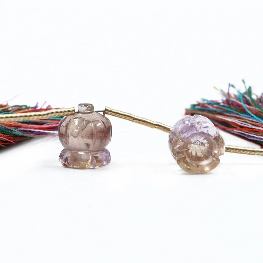 Natural Ametrine Fancy Carving Gemstone Beads, 11x13 mm, Ametrine Fancy Flower Craving Two Matching Pair Carving , Handmade Carving, SKU1586