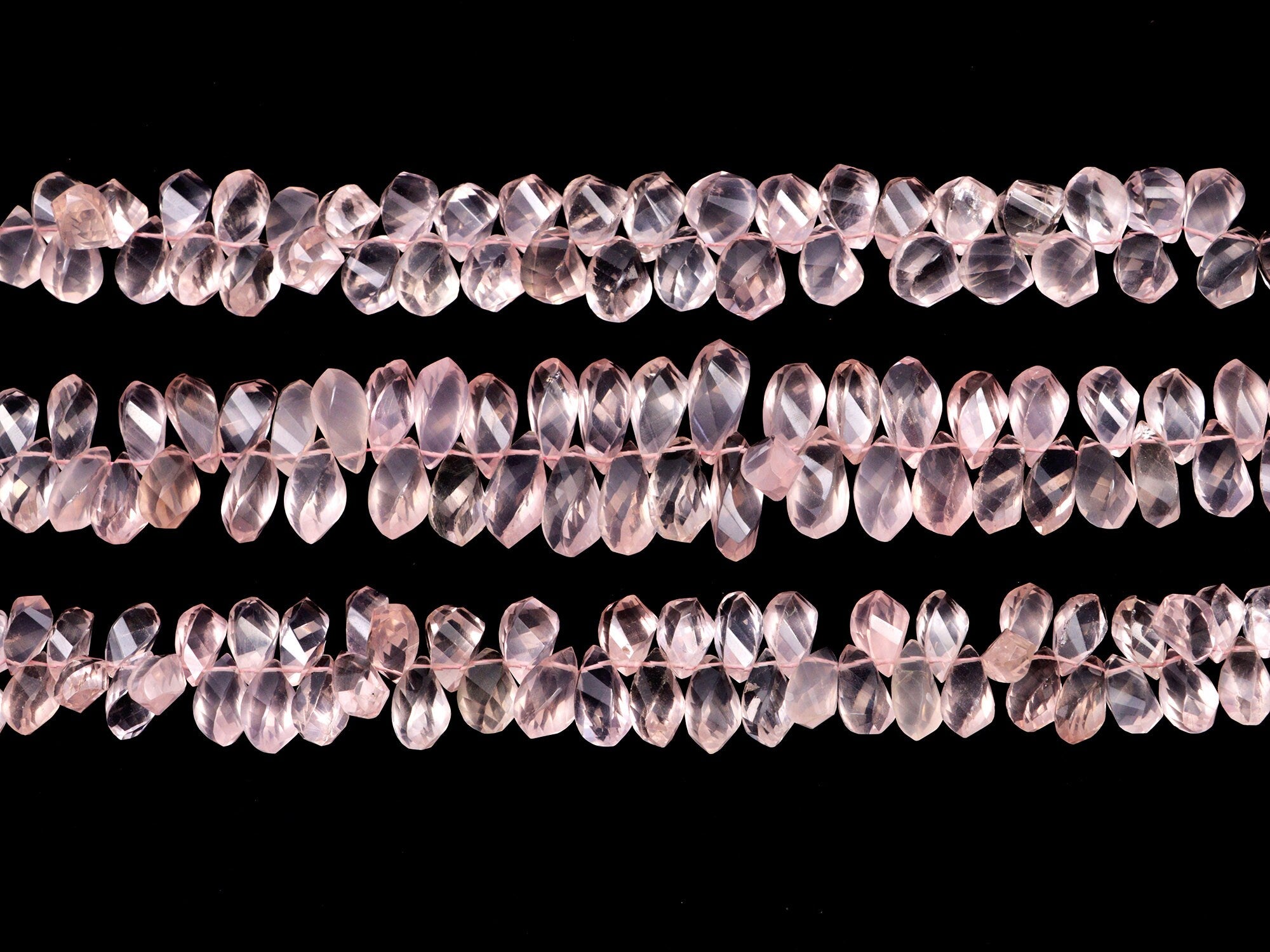 Natural Rose Quartz Faceted Twisted Drops Beads, Rose Quartz Drops, Rose Quartz Twisted Beads, White Quartz Drops, 8 Inch, SKU 130