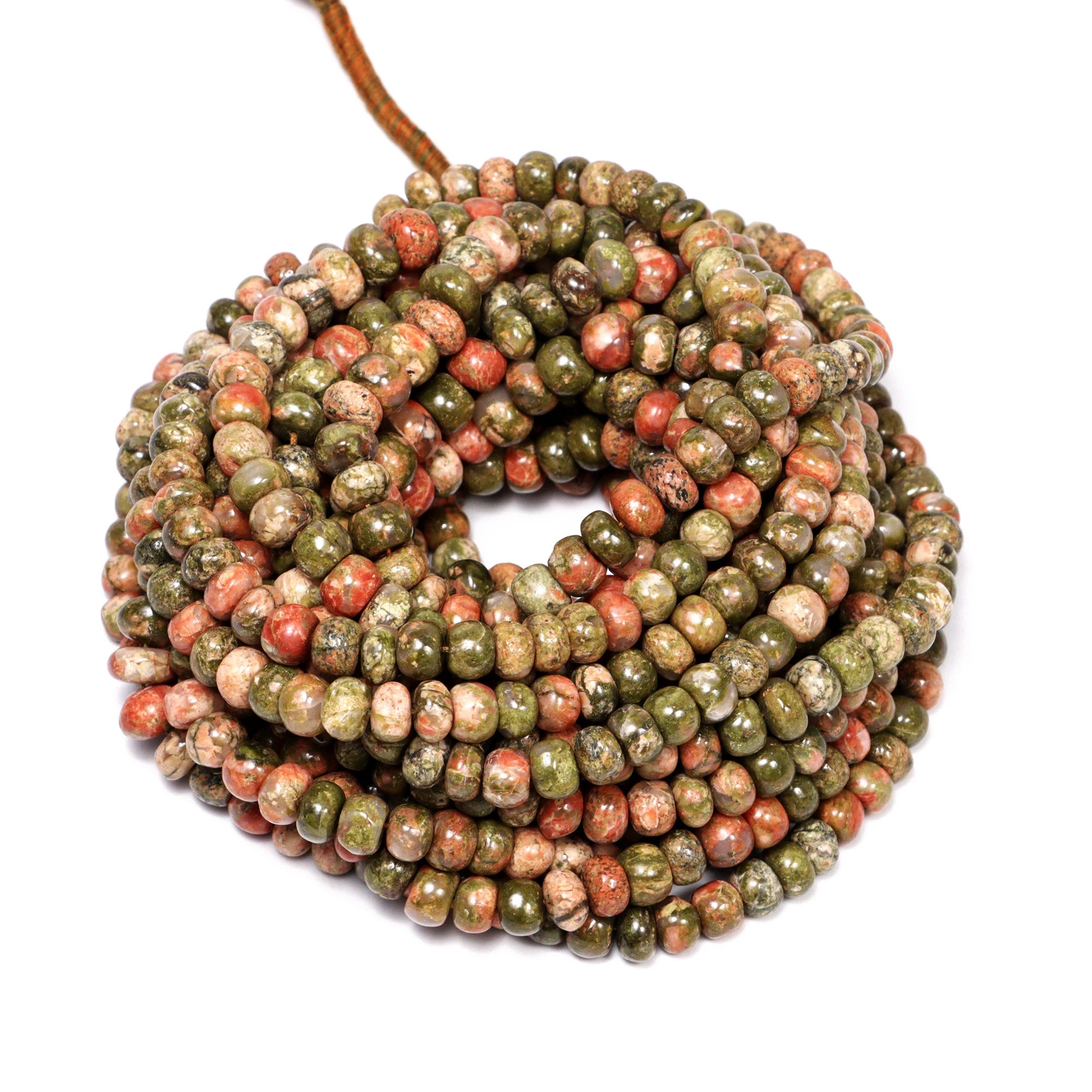 Natural Green Unakite Smooth Rondelle Beads, 6.5 mm To 8.5 mm, SKU2172