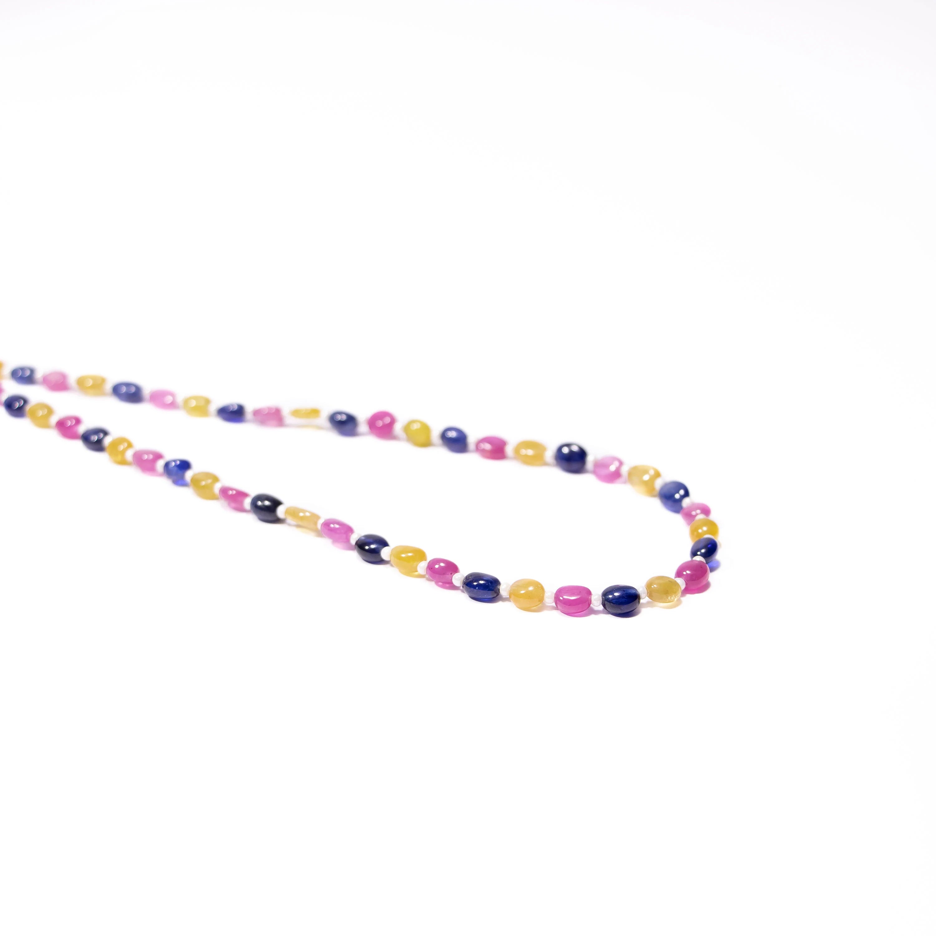 Multi Color Sapphire Smooth Oval Beads Necklace, Sapphire Beads Necklace, SKU2491