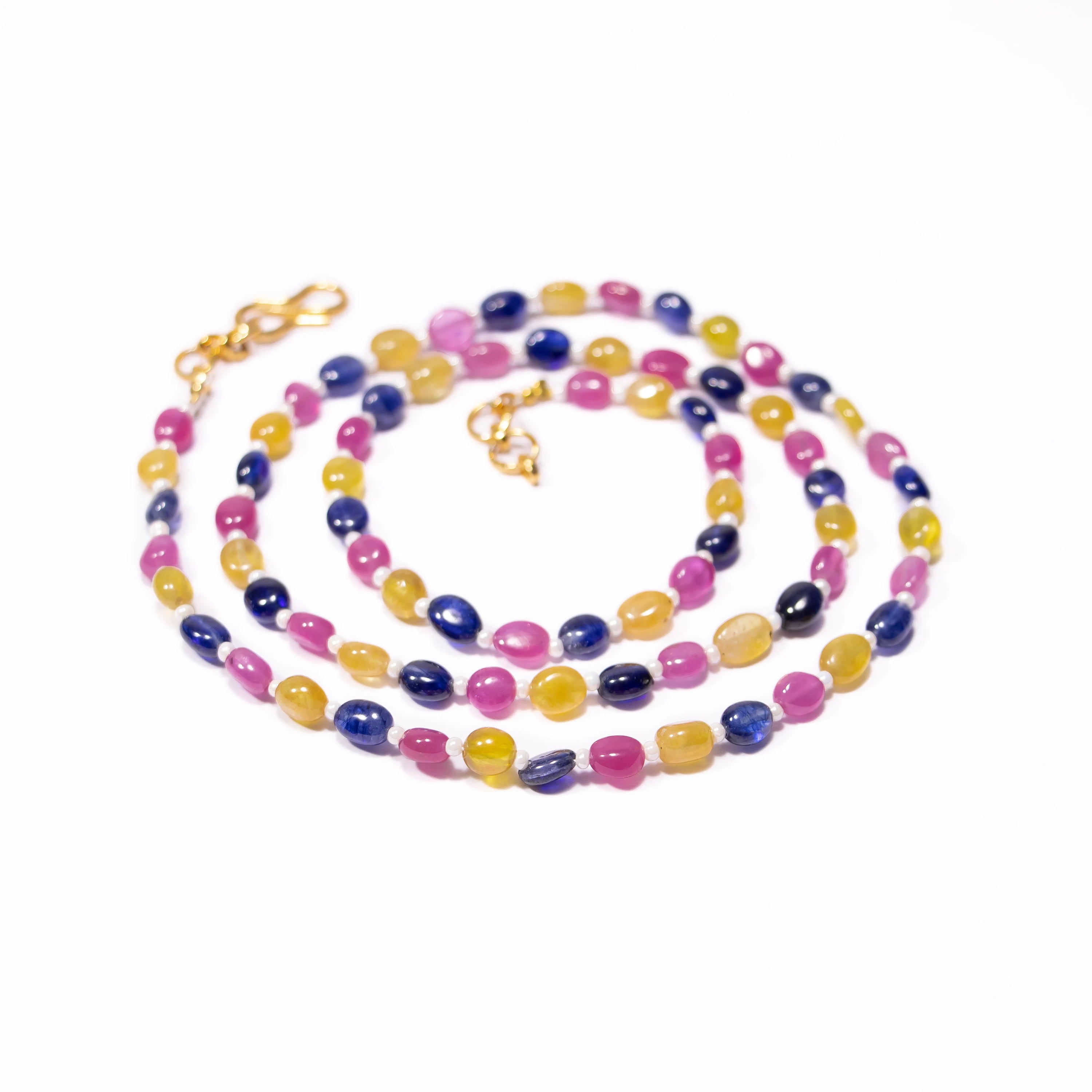 Multi Color Sapphire Smooth Oval Beads Necklace, Sapphire Beads Necklace, SKU2491