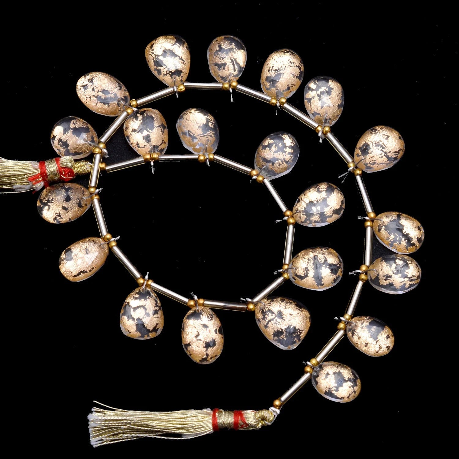 Gold Foil Inlay Crystal Quartz Drilled Pear Rosecut , Crystal Quartz Beads, 10 Inch, (SKU1039)