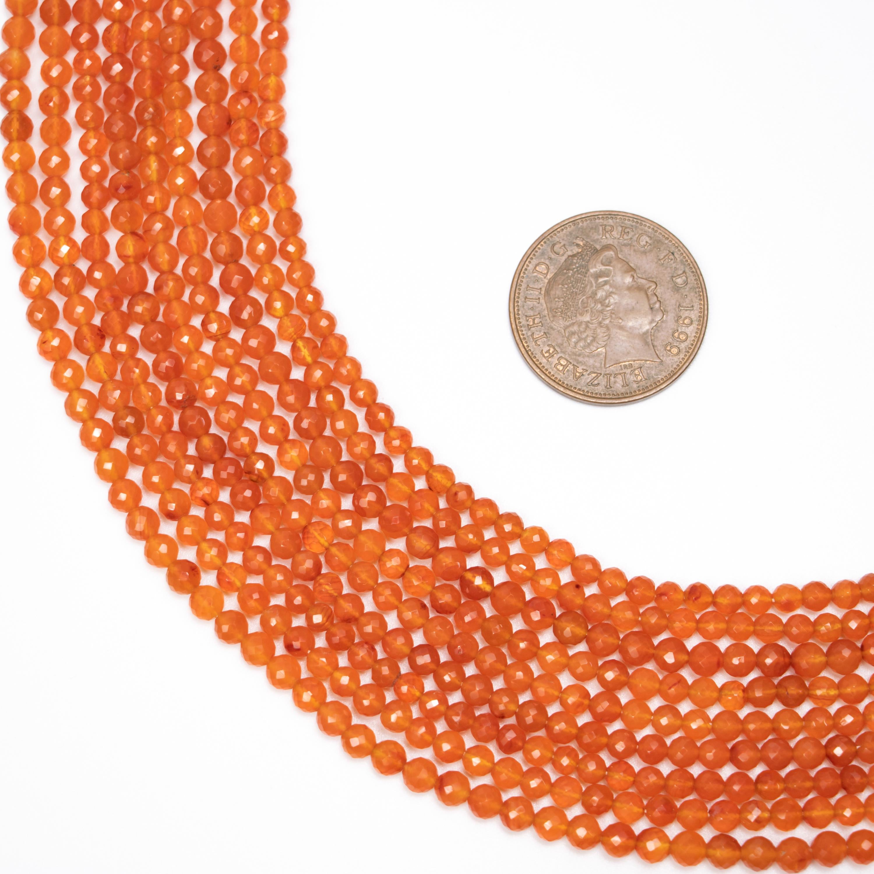 Natural Carnelian Faceted Round Balls Beads, Dark Orange Carnelian Gemstone Beads, 15 Inch Strand, (SKU349)